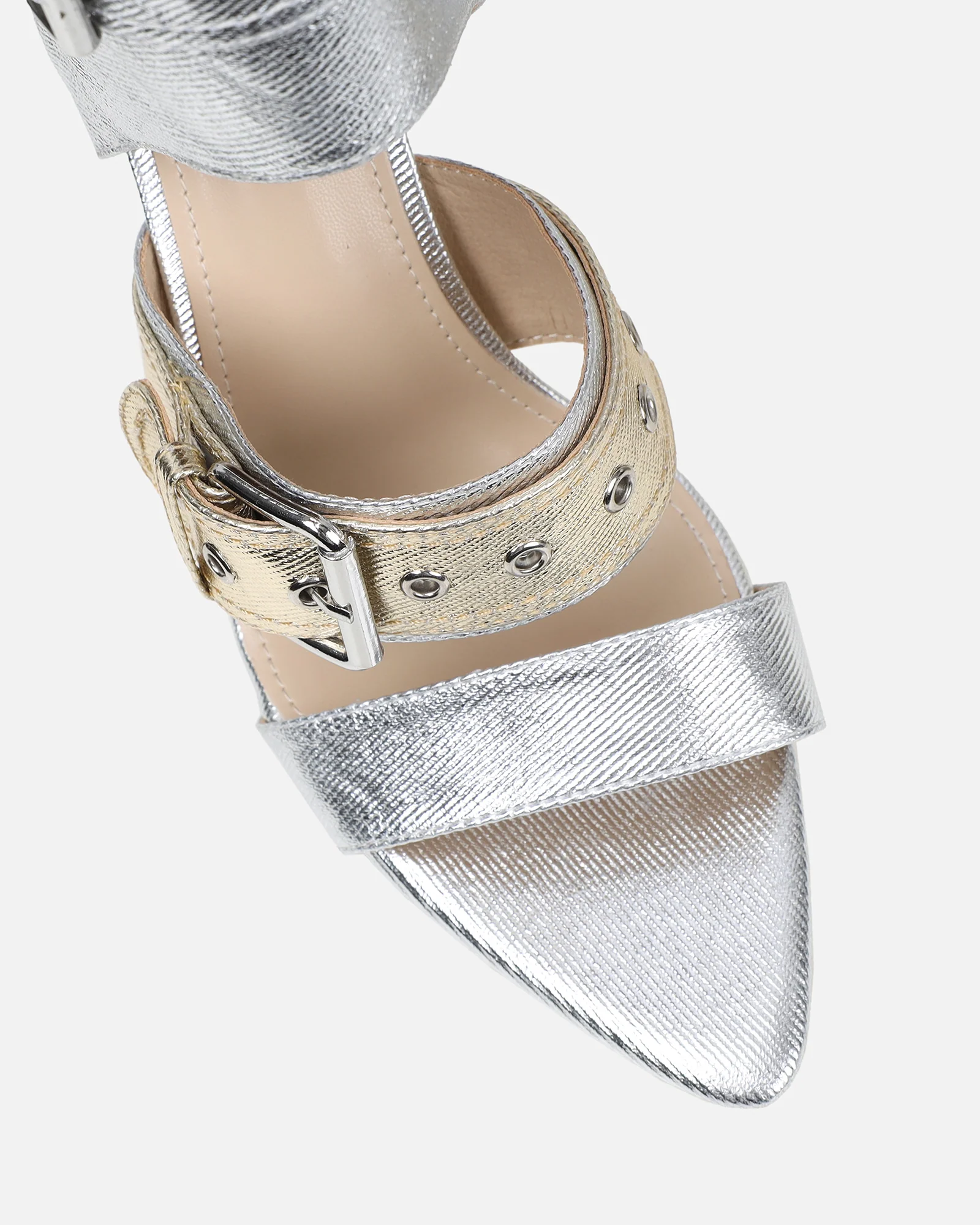Goldie Silver And Gold Cut Out Buckle Detail Heeled Sandals - Image 4