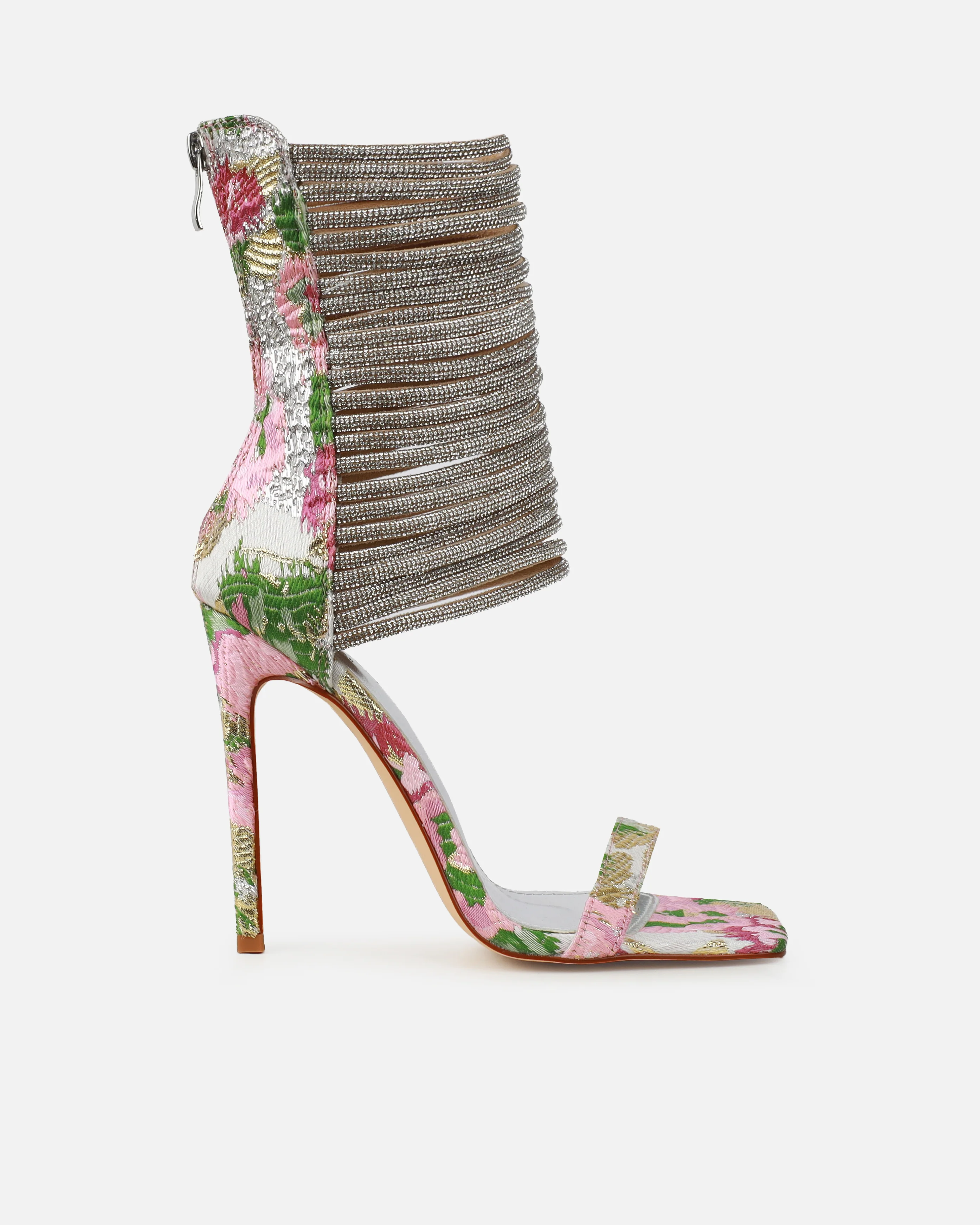 Gracie Pink Floral Jacquard Diamante Heeled Sandals - Image 2