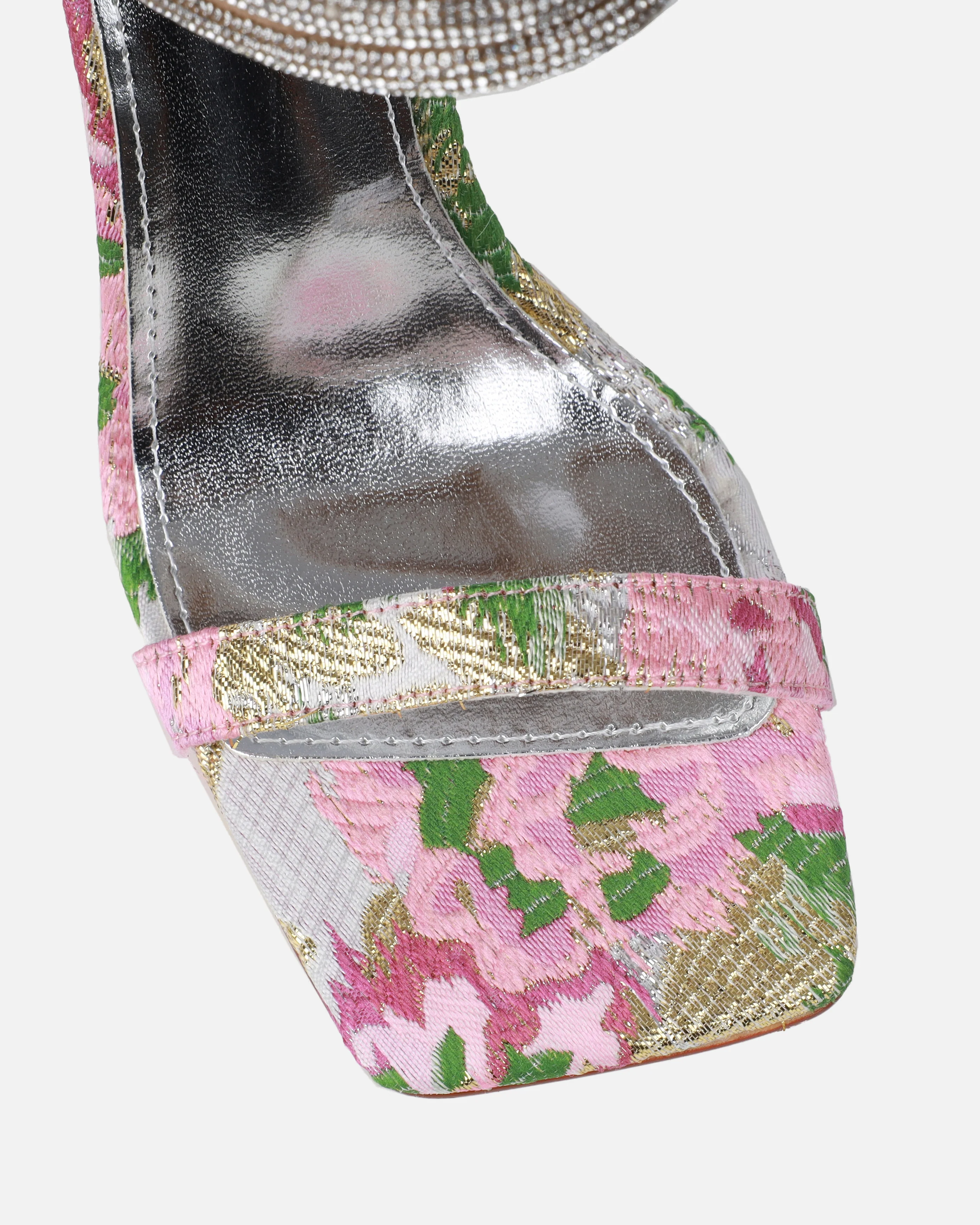 Gracie Pink Floral Jacquard Diamante Heeled Sandals - Image 4