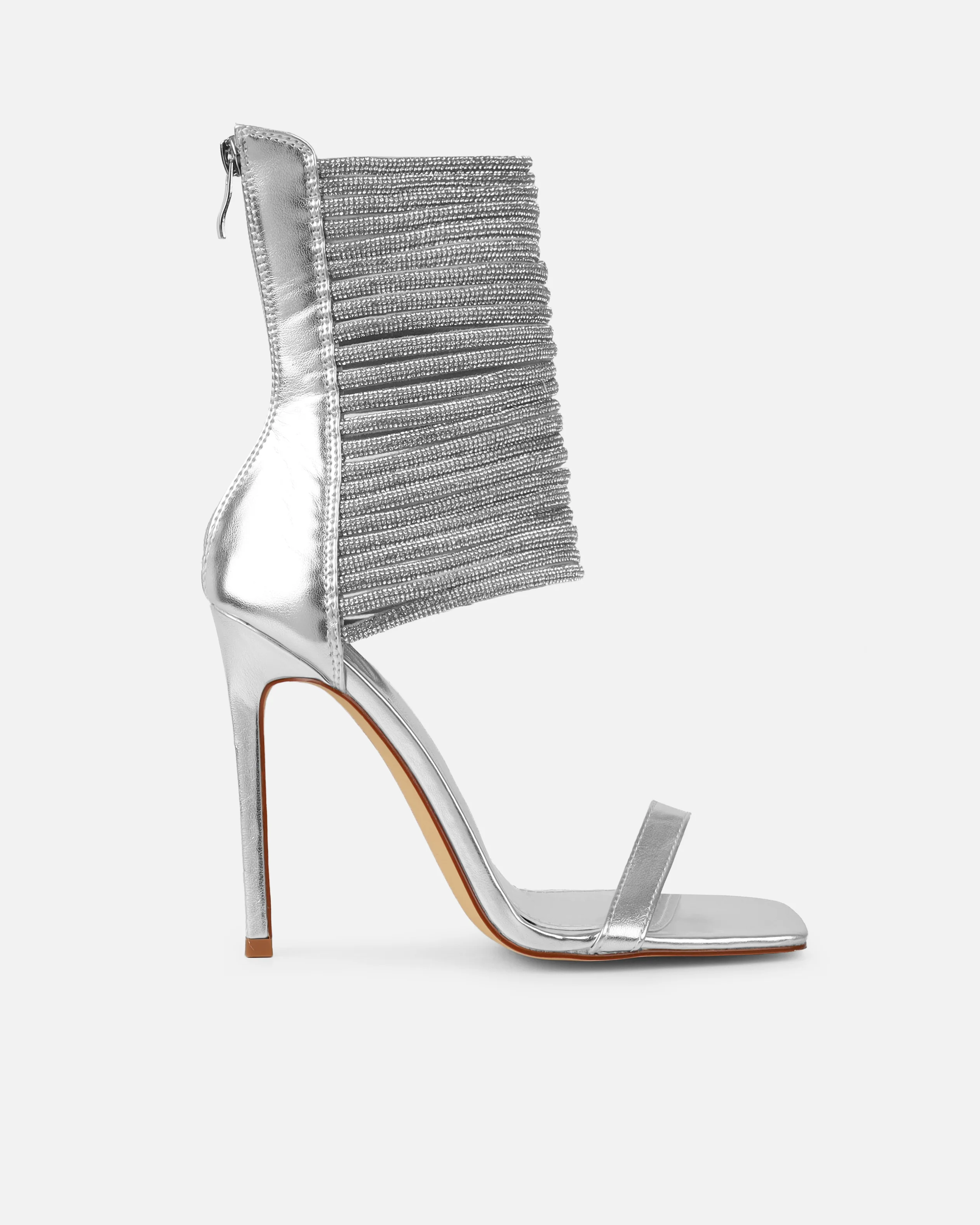 Gracie Silver Mirror Diamante Strappy Heeled Sandals - Image 2