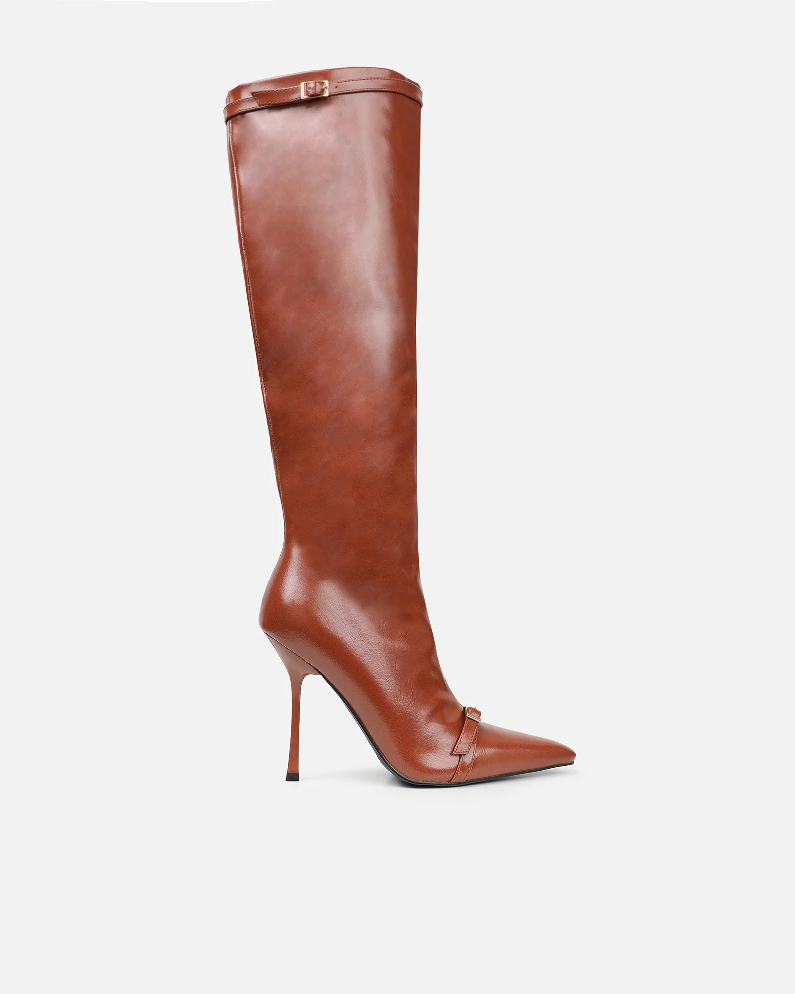 Hade Tan Buckle Detail Heeled Knee Boots - Image 4