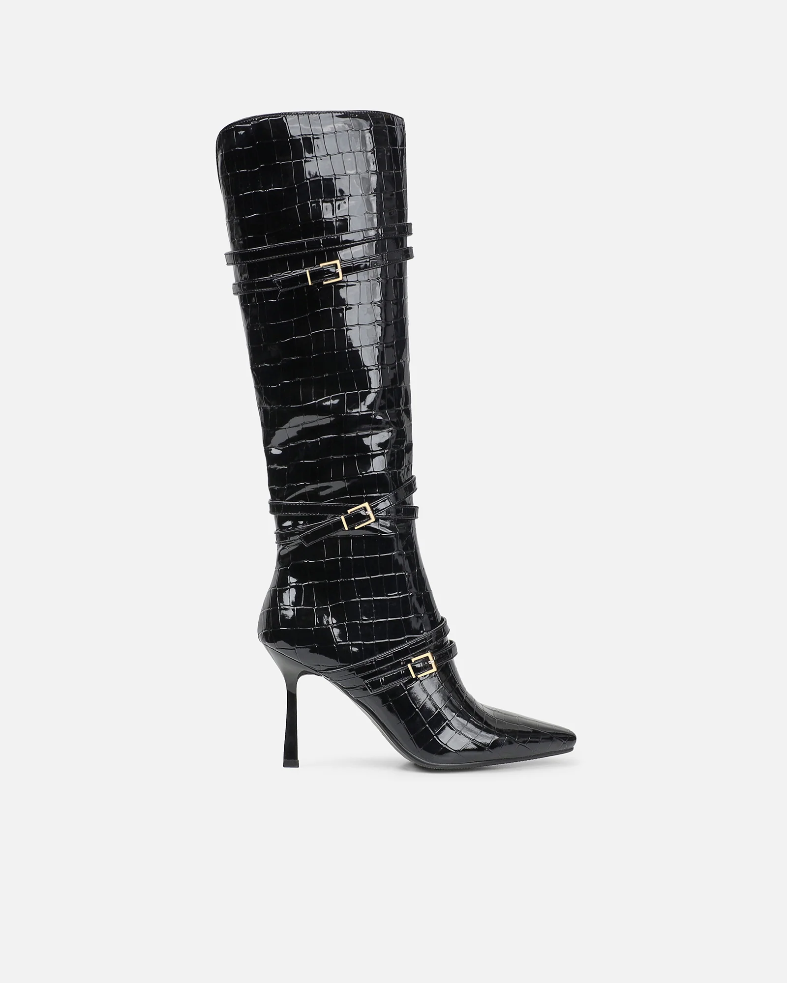 Haiden Black Patent Croc Effect Knee Boots - Image 2