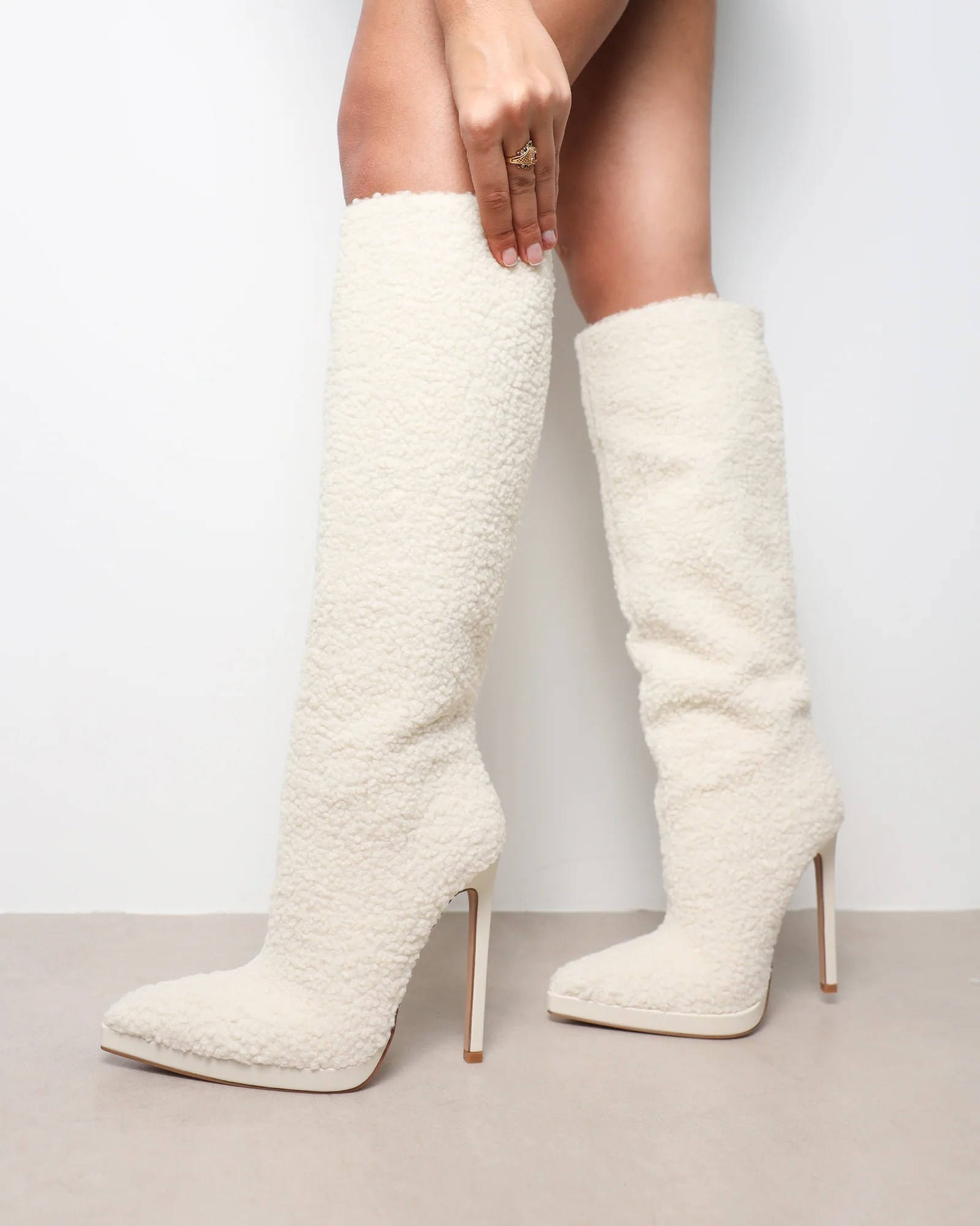 Hamilton Cream Borg Knee Boots