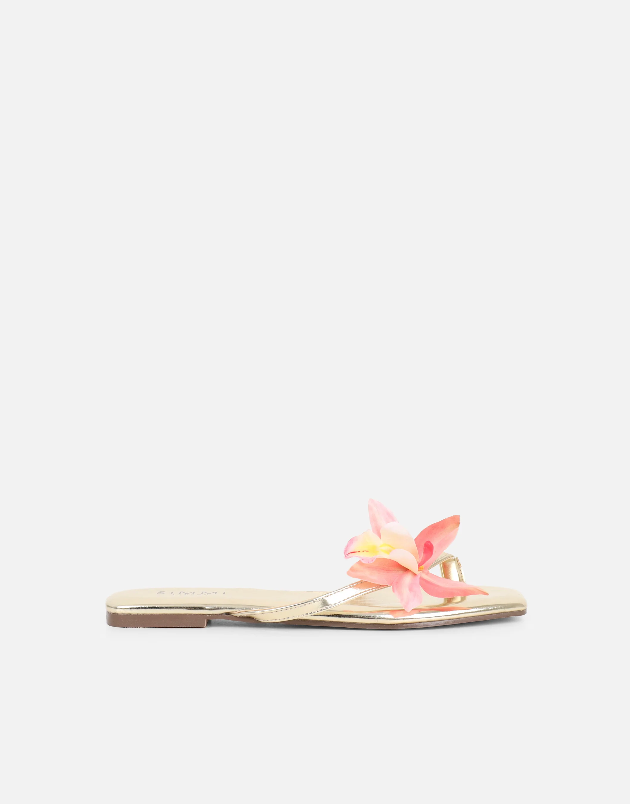 Hannah Gold Metallic Flower Detail Flat Sandals - Image 2