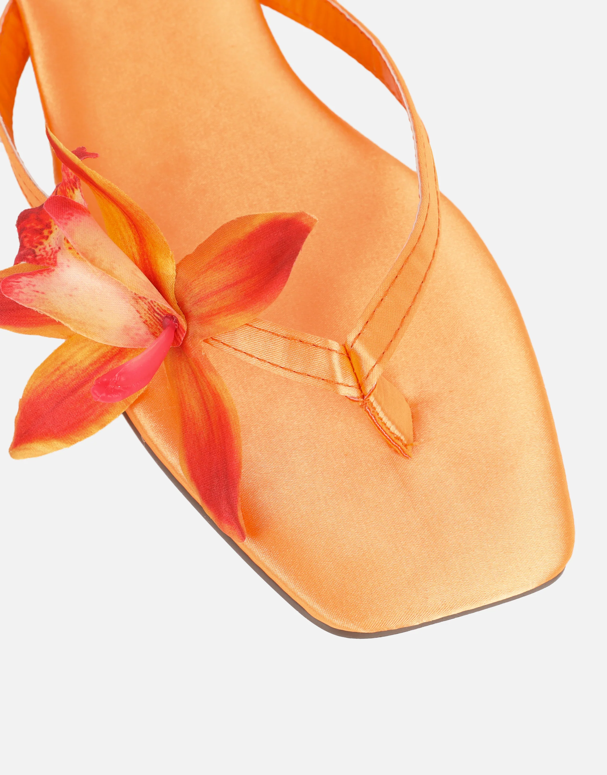 Hannah Orange Satin Flower Detail Flat Sandals - Image 4