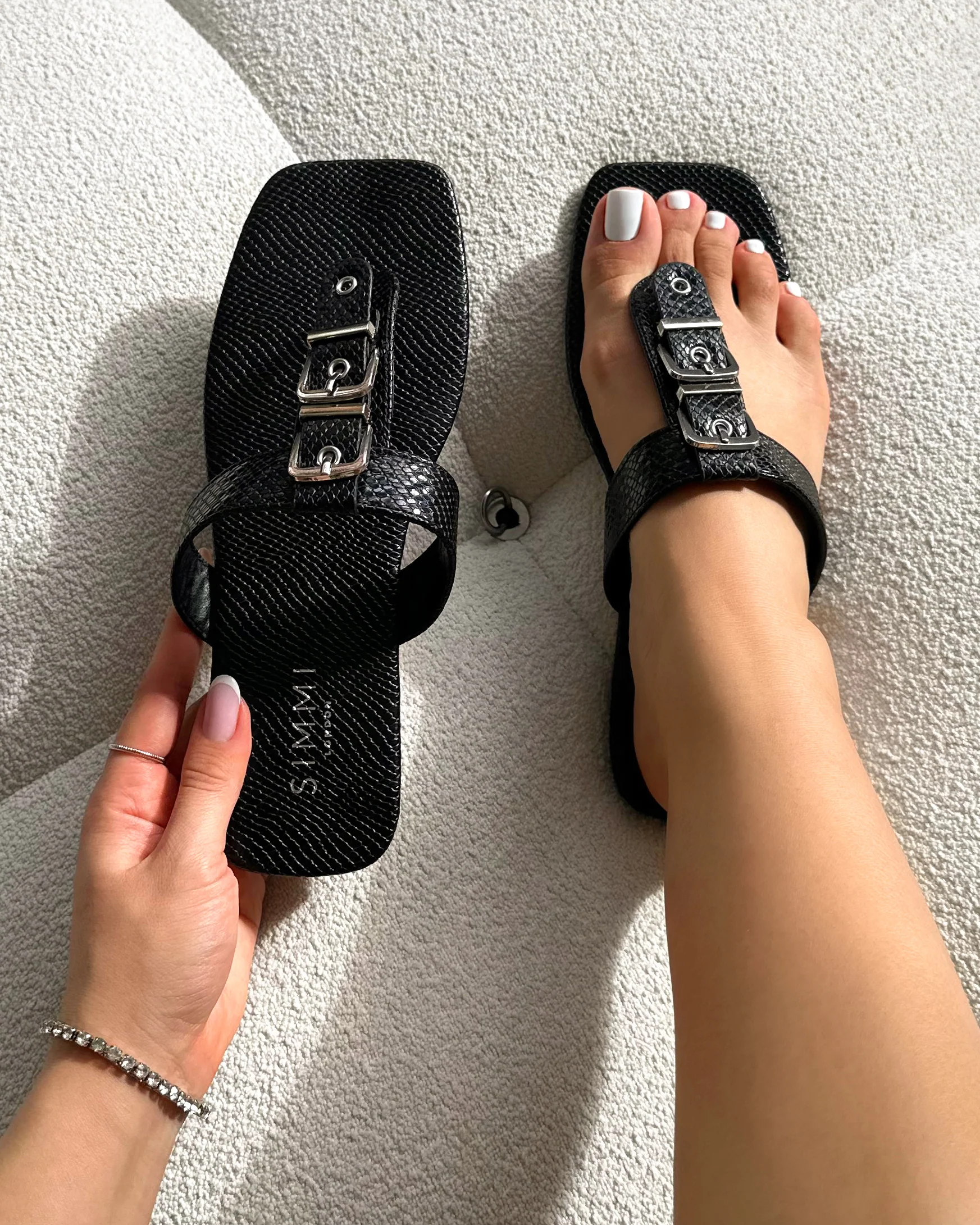 Harlowe Black Snake Buckle Detail Flat Sandals