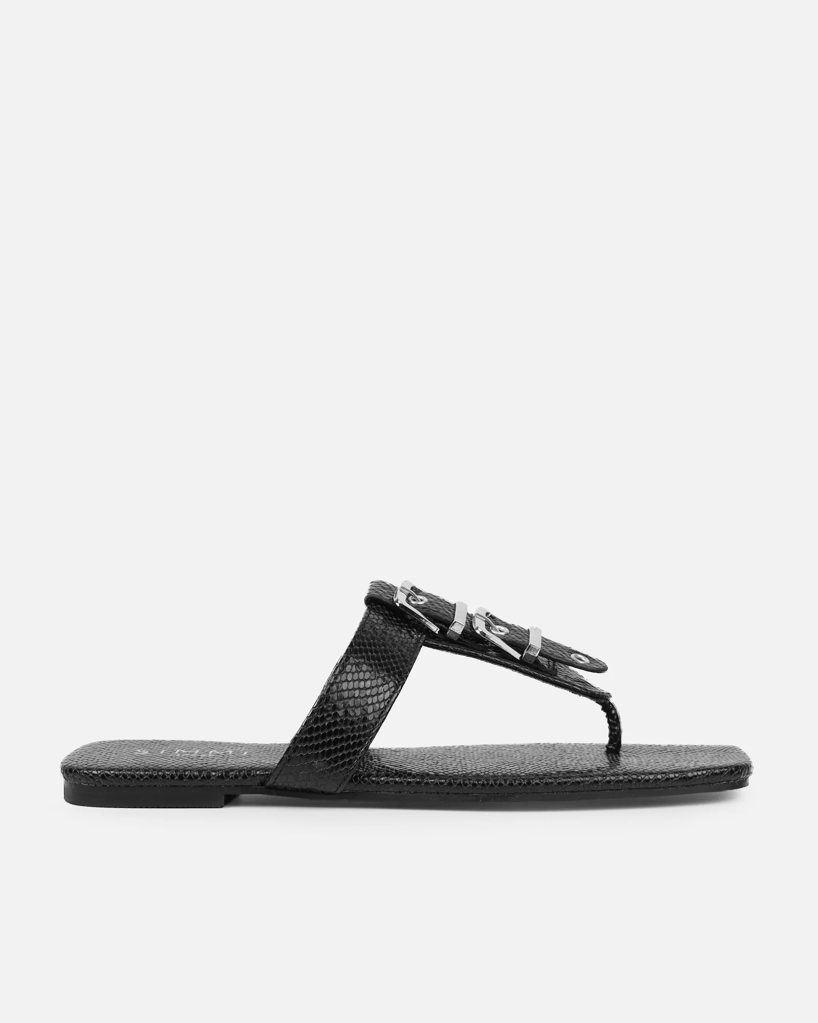 Harlowe Black Snake Buckle Detail Flat Sandals - Image 2