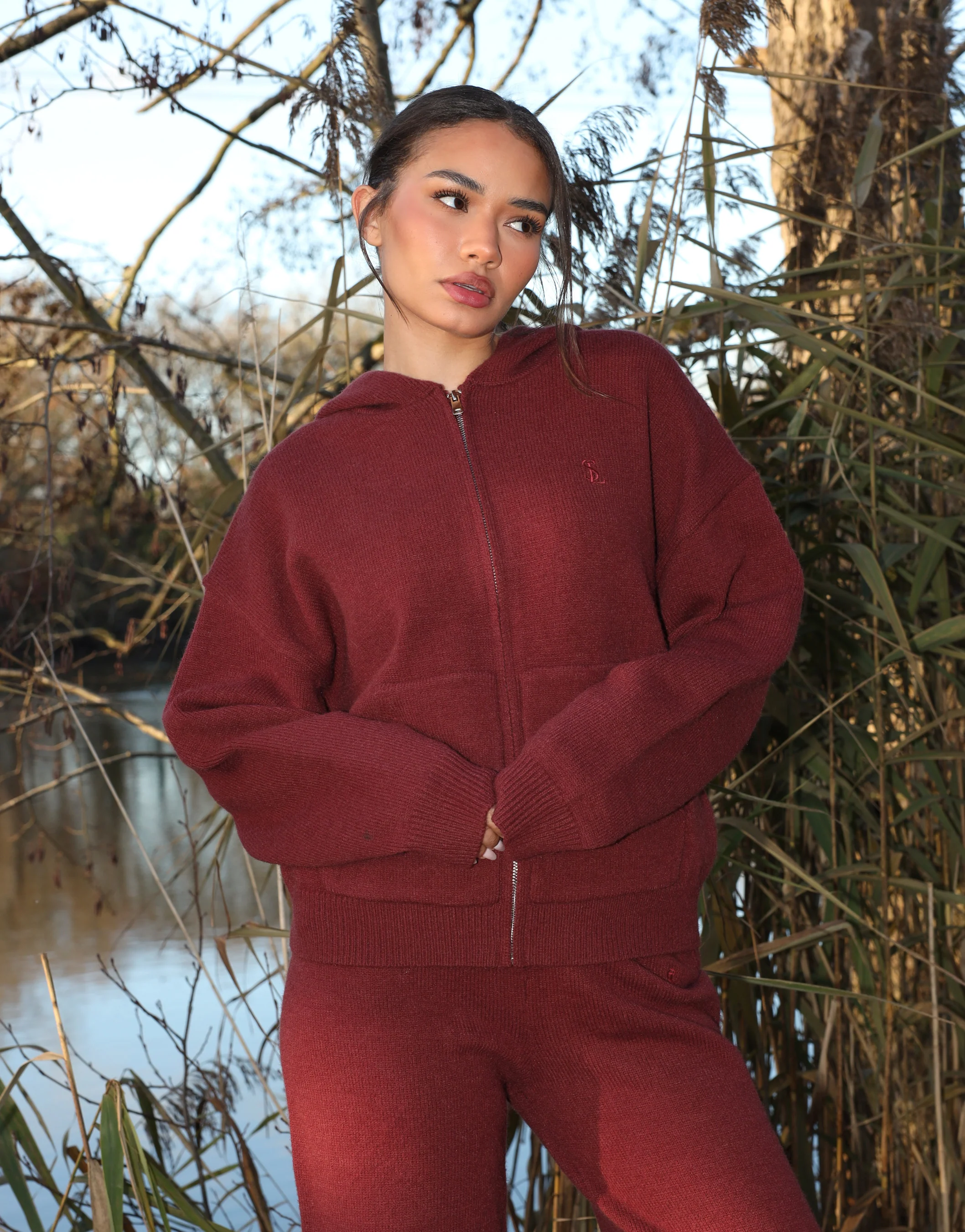 Harper Simmi Studios Knitted Zip Hoodie In Burgundy