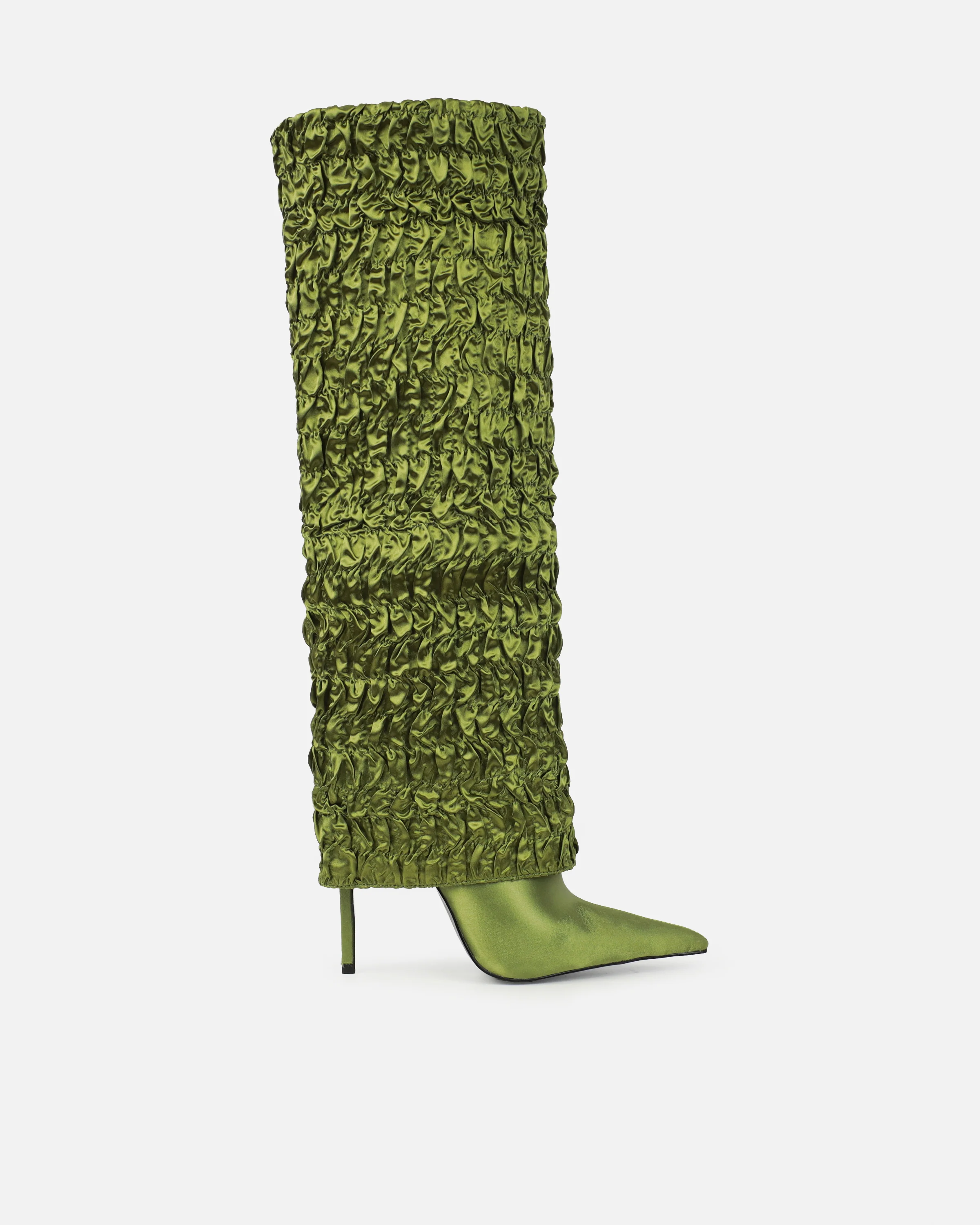 Harrie Olive Green Satin Ruched Stiletto Knee High Boots - Image 2