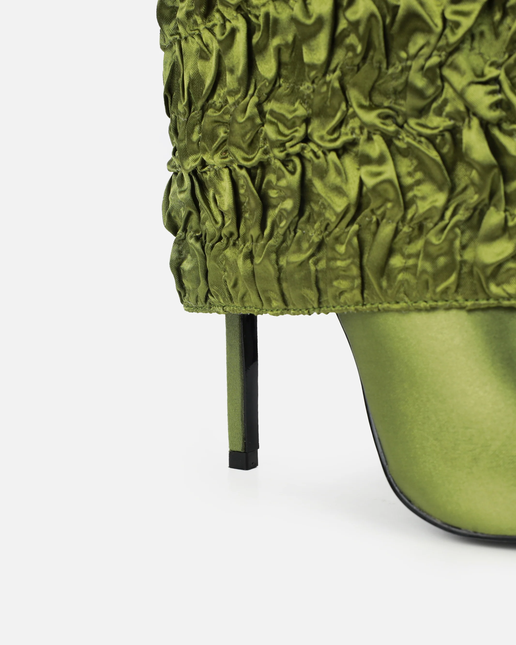 Harrie Olive Green Satin Ruched Stiletto Knee High Boots - Image 3