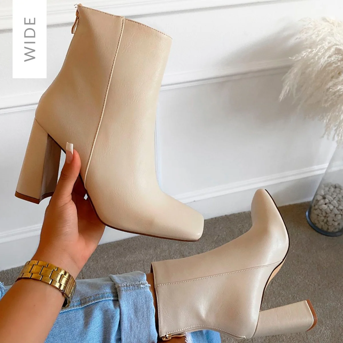 Hayden Wide Fit Ivory Block Heel Ankle Boots