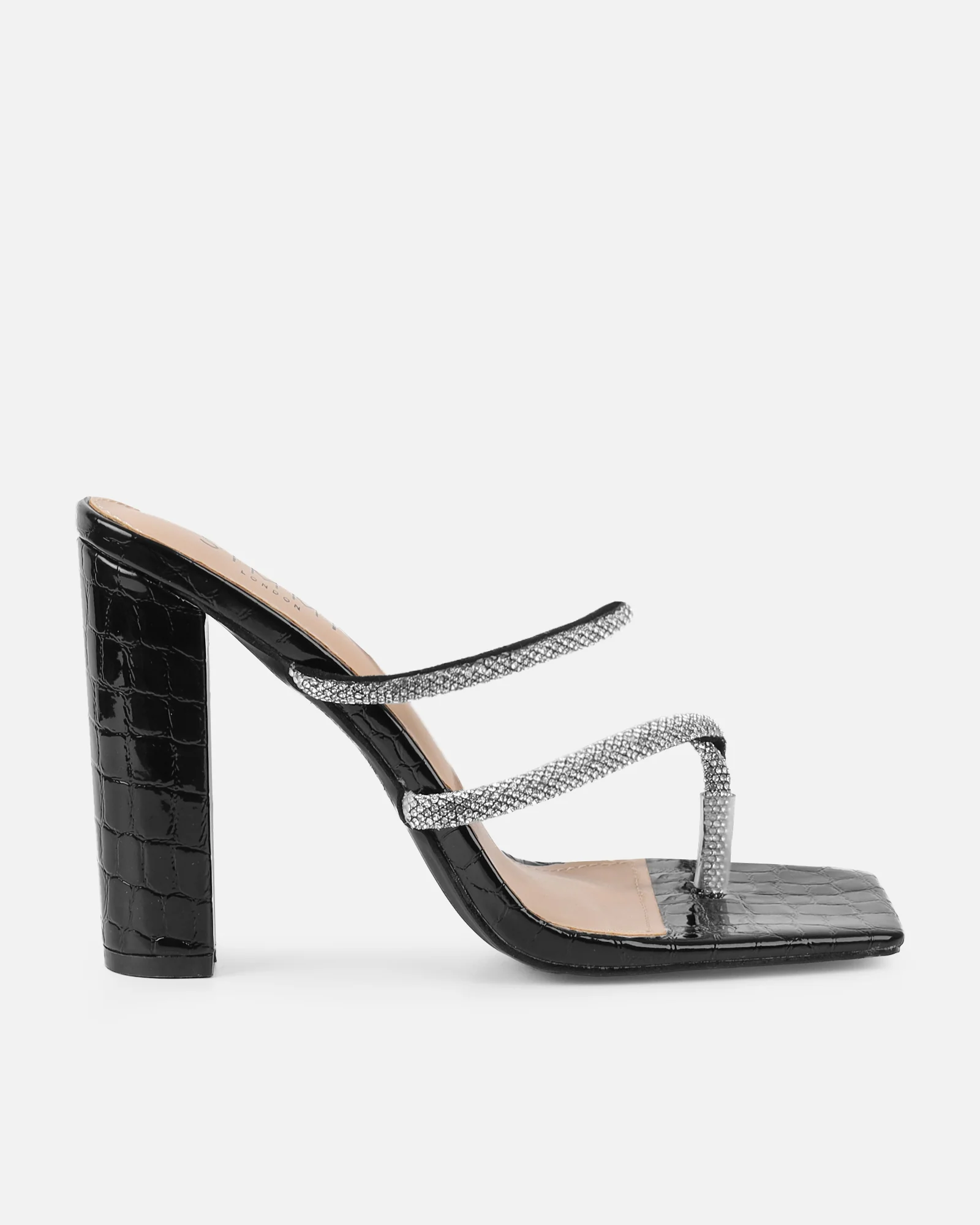 Heera Black Faux Croc Patent Block Heels - Image 2