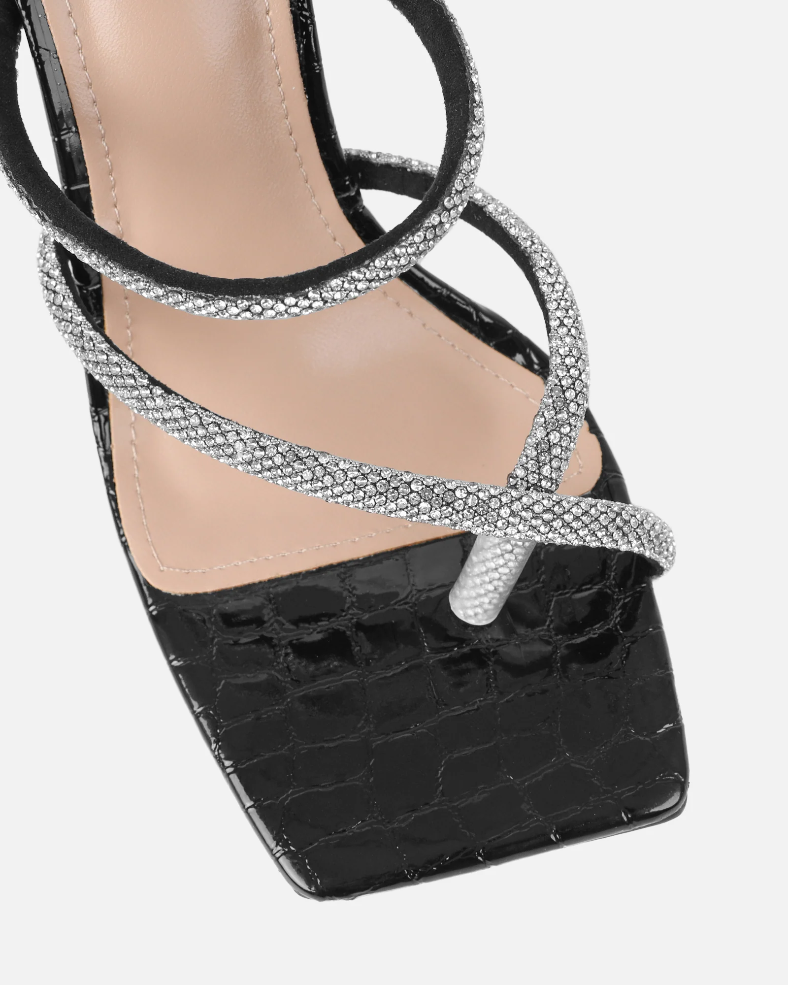 Heera Black Faux Croc Patent Block Heels - Image 4