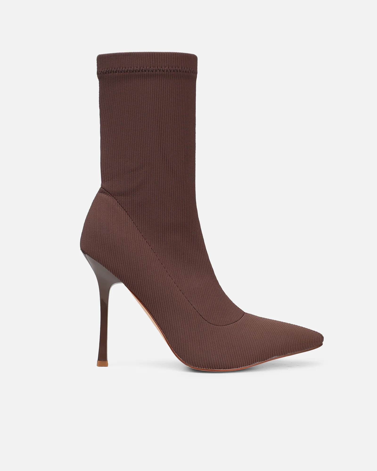 Huntley Chocolate Brown Ribbed Stretch Heeled Boots - Image 2