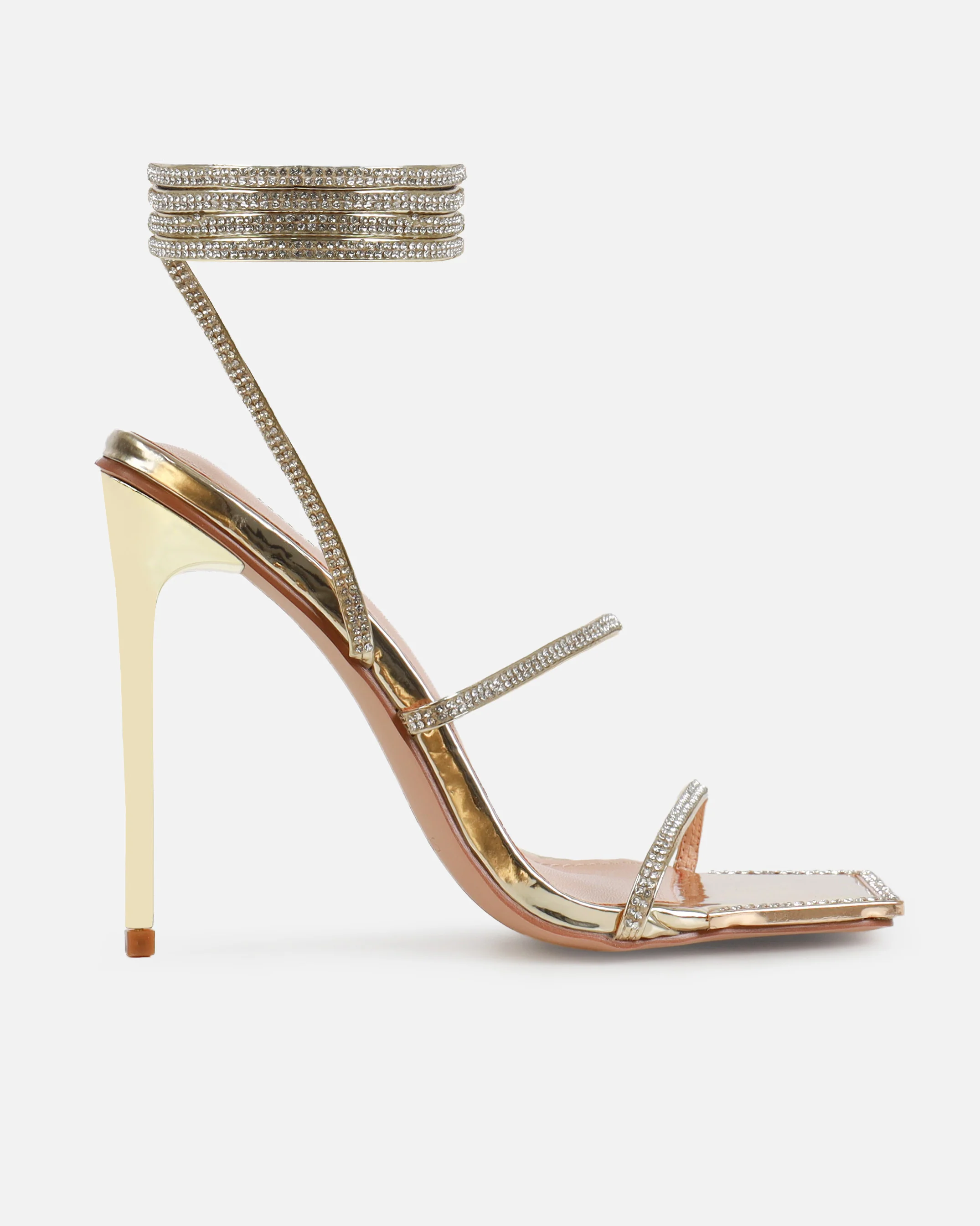 Ignite Light Gold Diamante Lace Up Stiletto Heels - Image 2