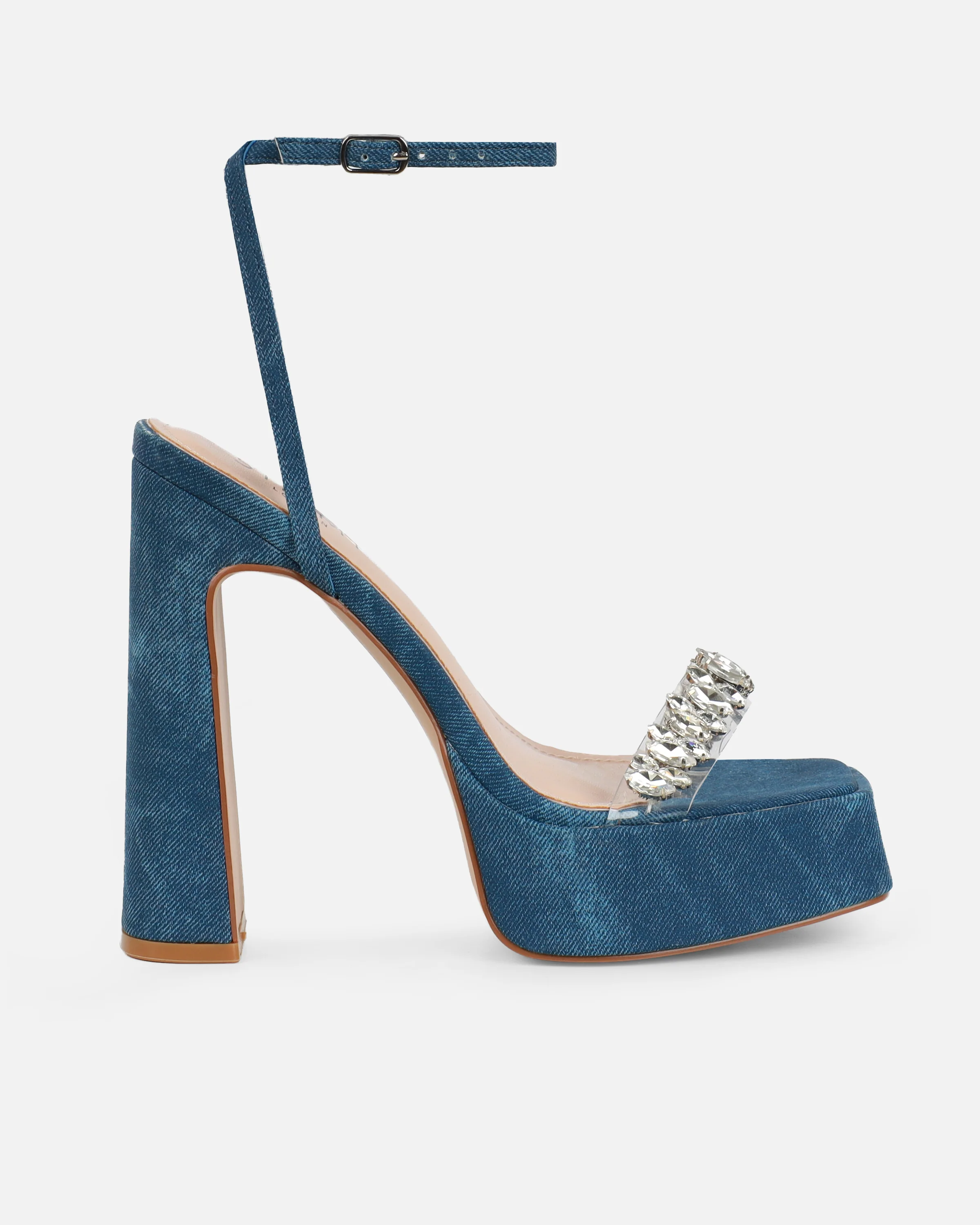 Immogen Clear Blue Denim Effect Diamante Platform Heels - Image 2