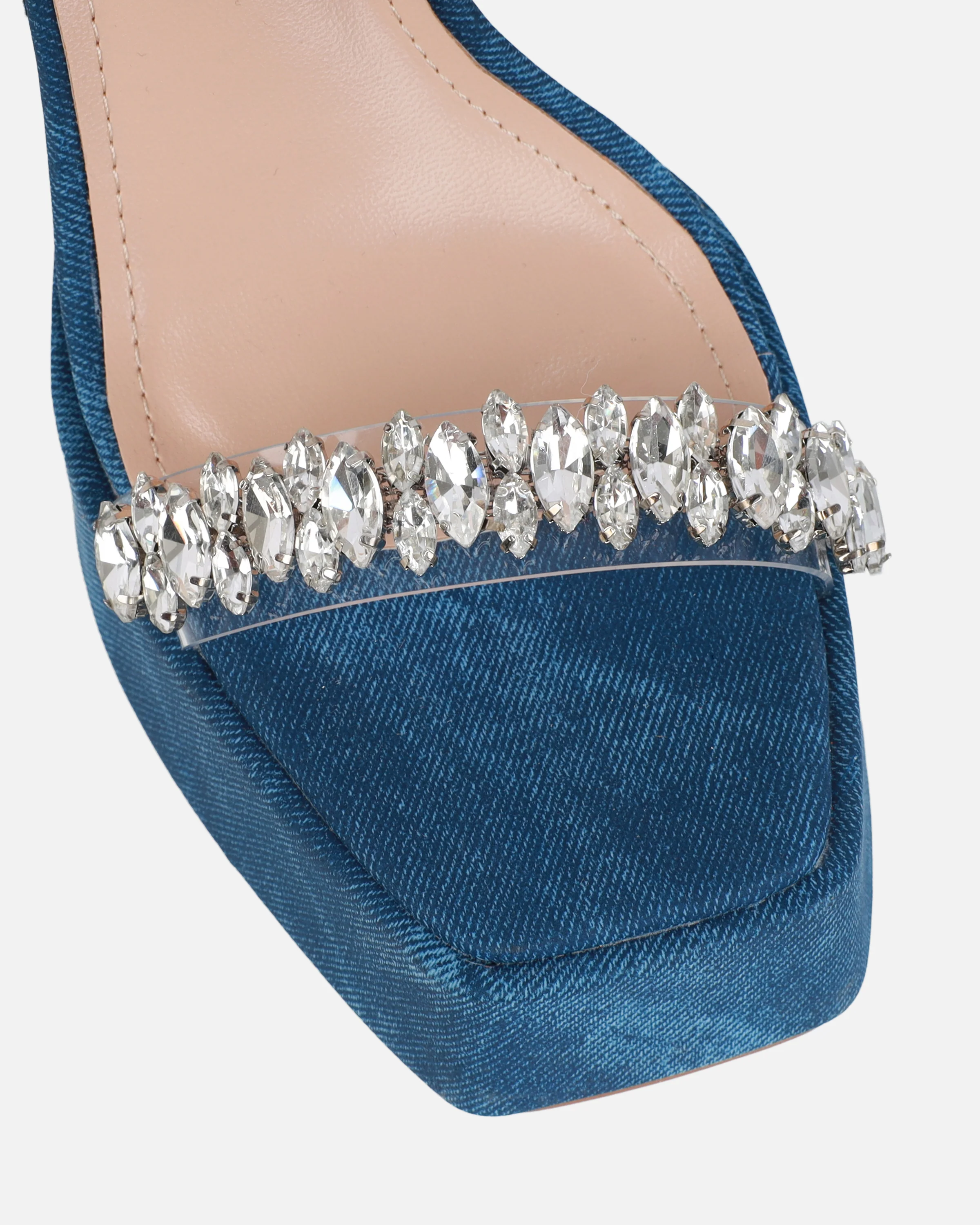 Immogen Clear Blue Denim Effect Diamante Platform Heels - Image 4