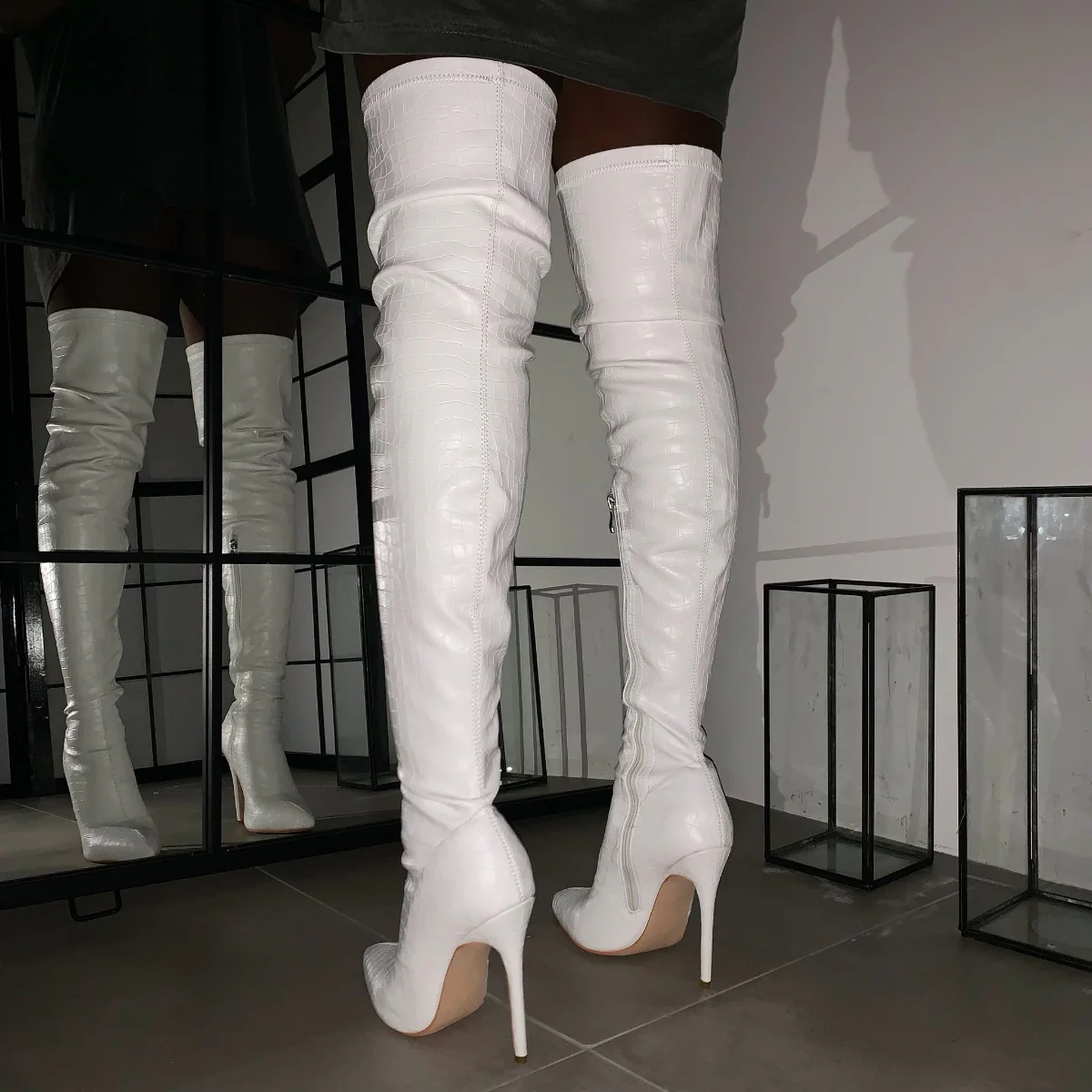 Isabel White Croc Print Thigh High Stiletto Boots - Image 5