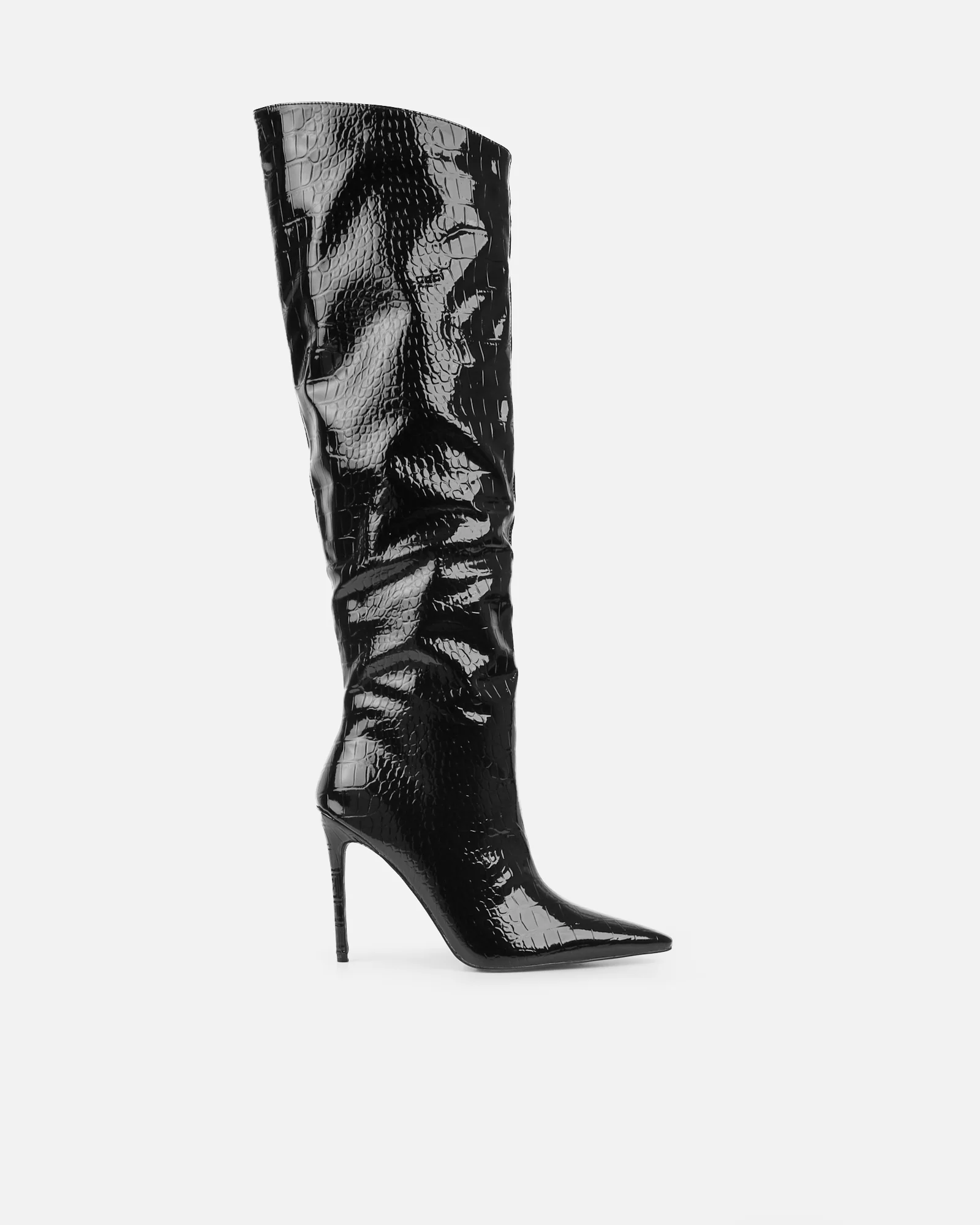 Jairo Black Patent Faux Croc Knee High Boots - Image 2