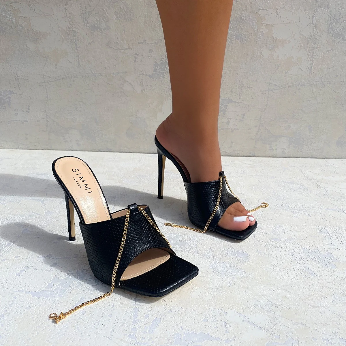 Jamila Black Snake Print Stiletto Mules