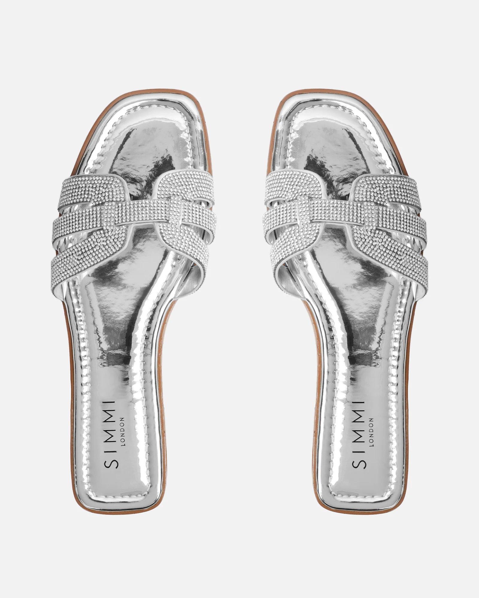 Jorji Silver Mirror Diamante Slip On Flat Sandals - Image 3
