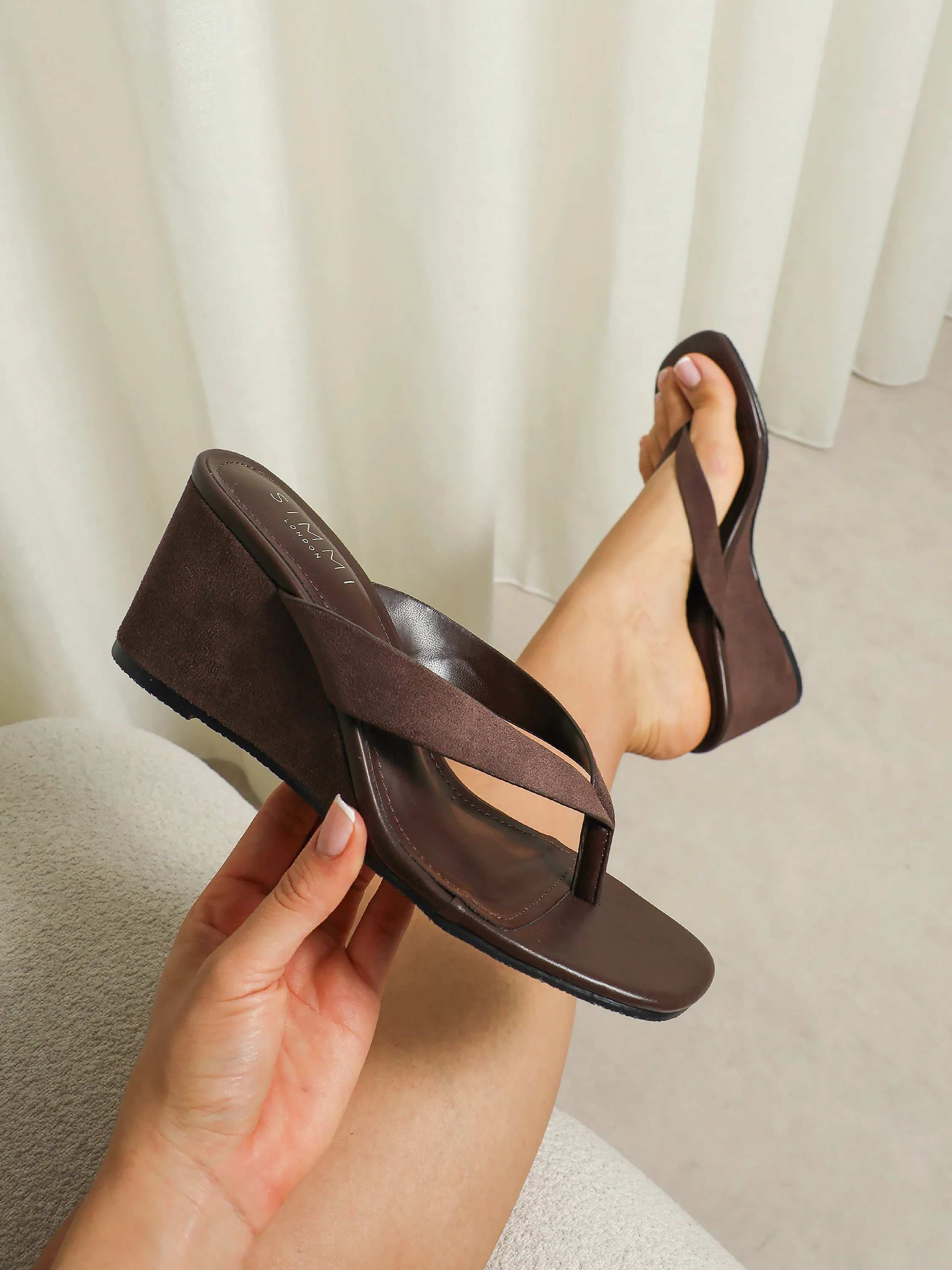 Jules Brown Suede Toe Post Wedge Sandals