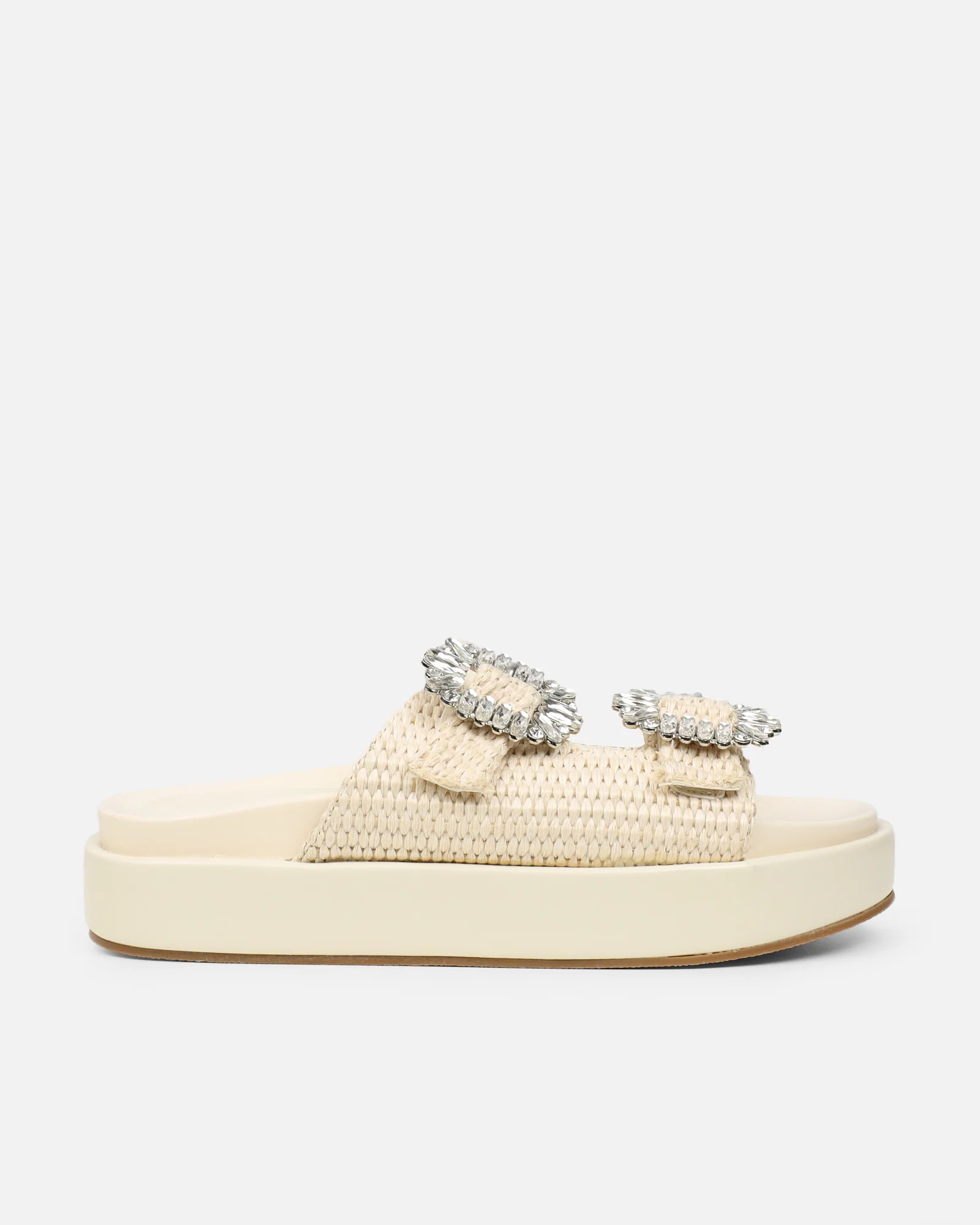 Juliette Beige Raffia Effect Diamante Slider Sandals - Image 2