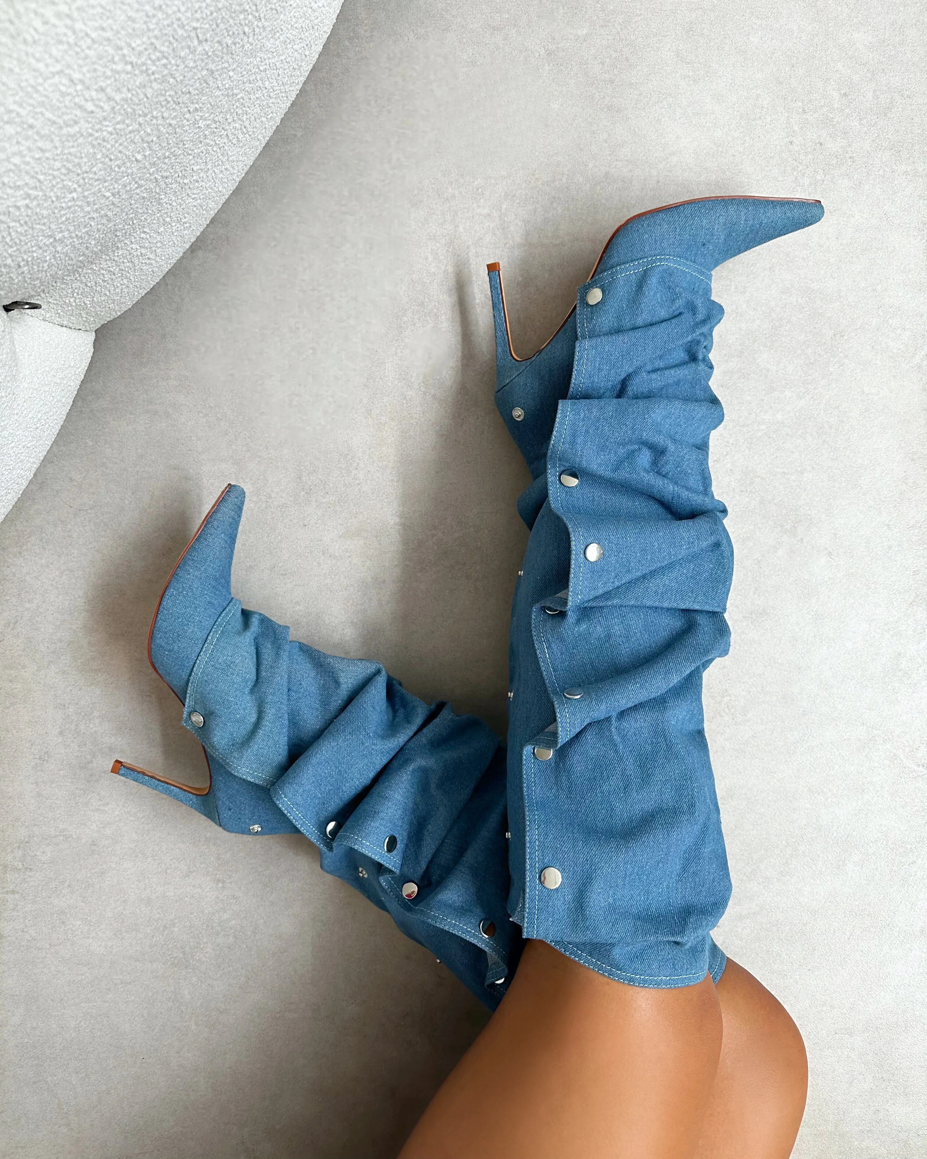 Kaii Blue Denim Popper Detail Knee High Boots
