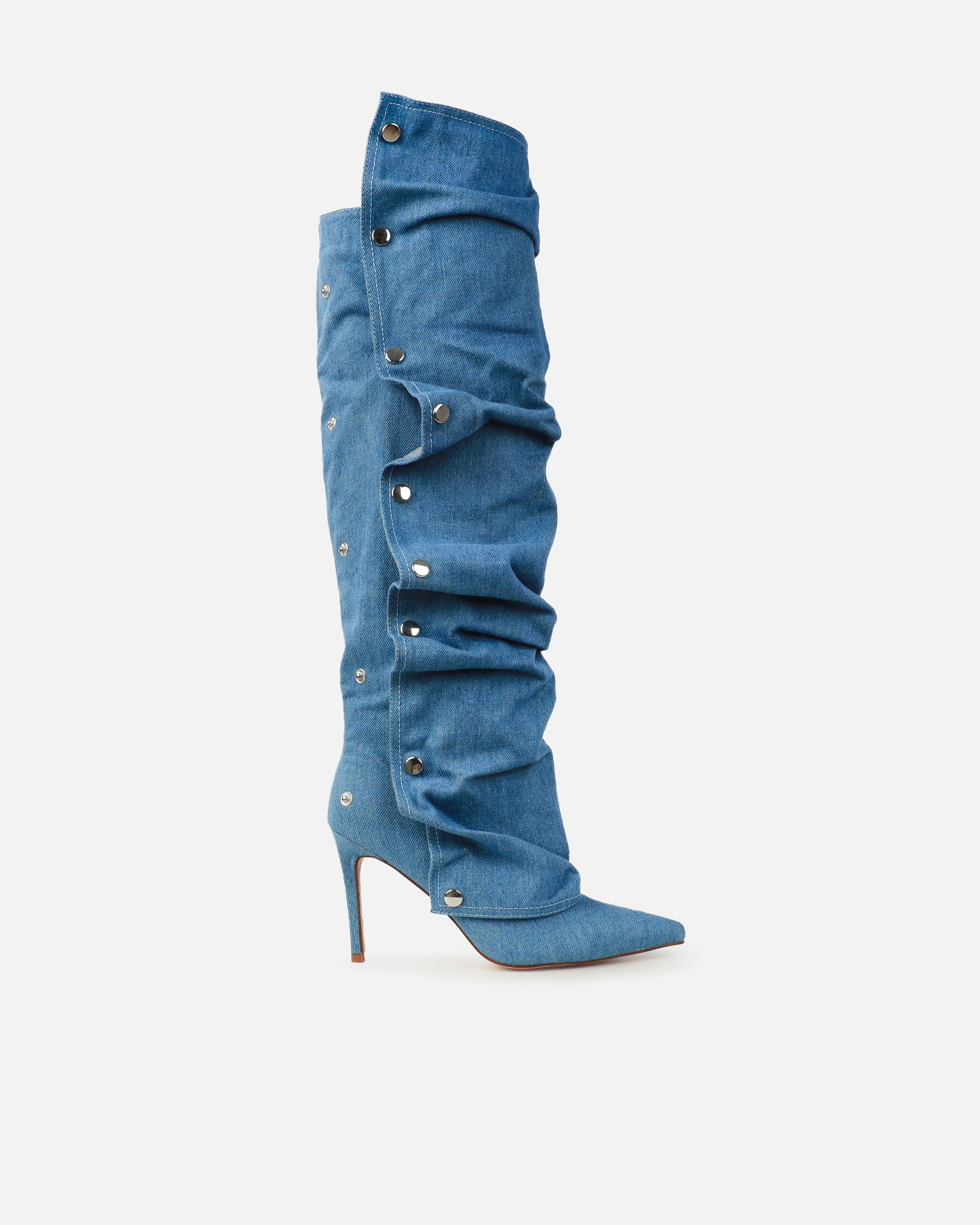 Kaii Blue Denim Popper Detail Knee High Boots - Image 2