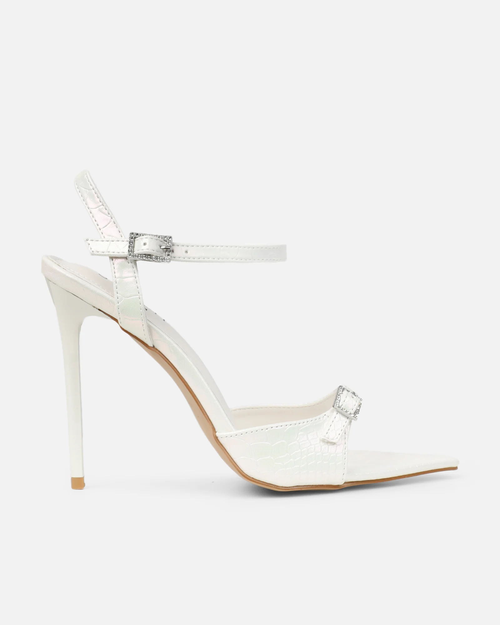 Kameo White Faux Snake Effect Diamante Buckle Heels - Image 2