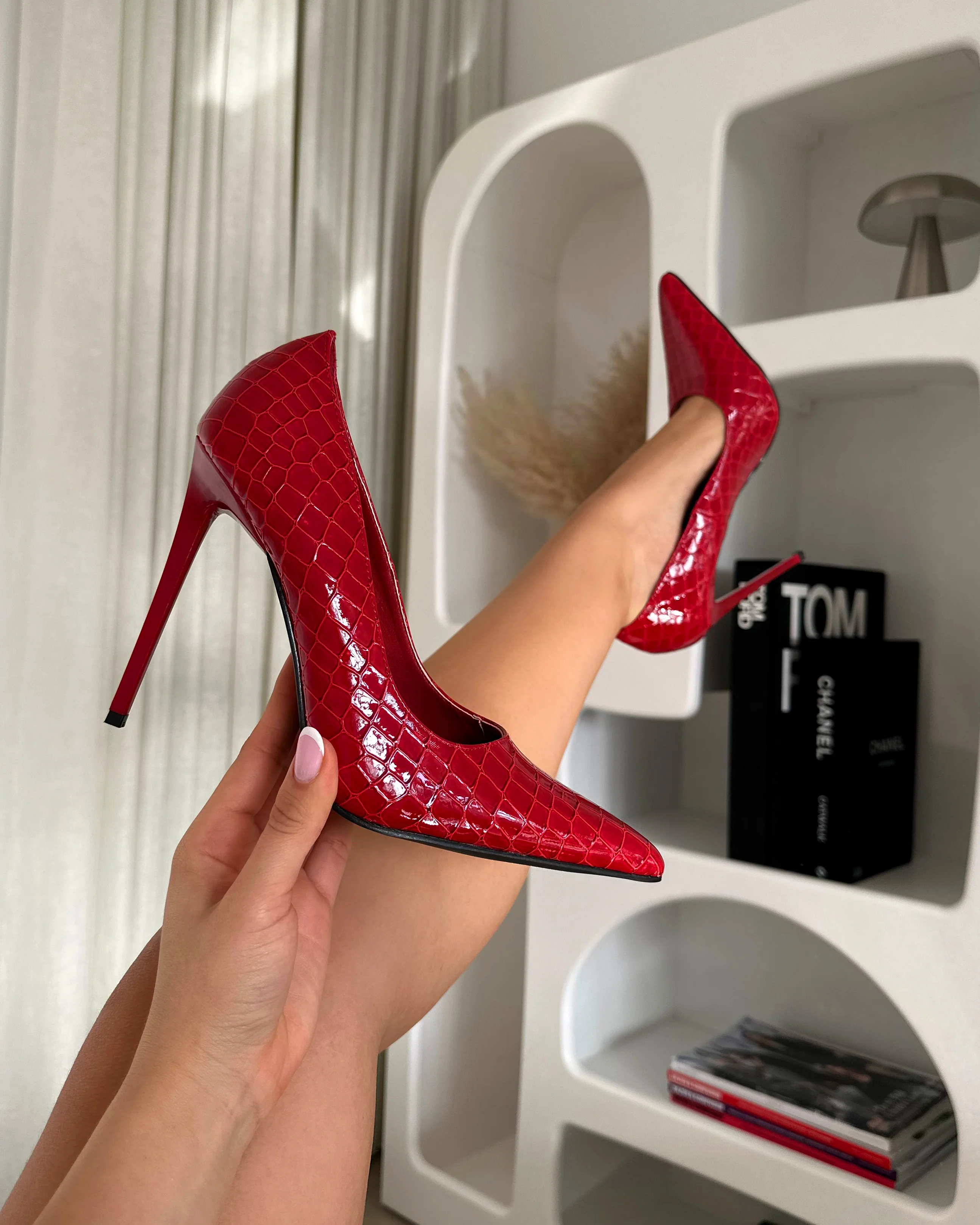 Kamii Red Patent Faux Croc Effect Court Shoes