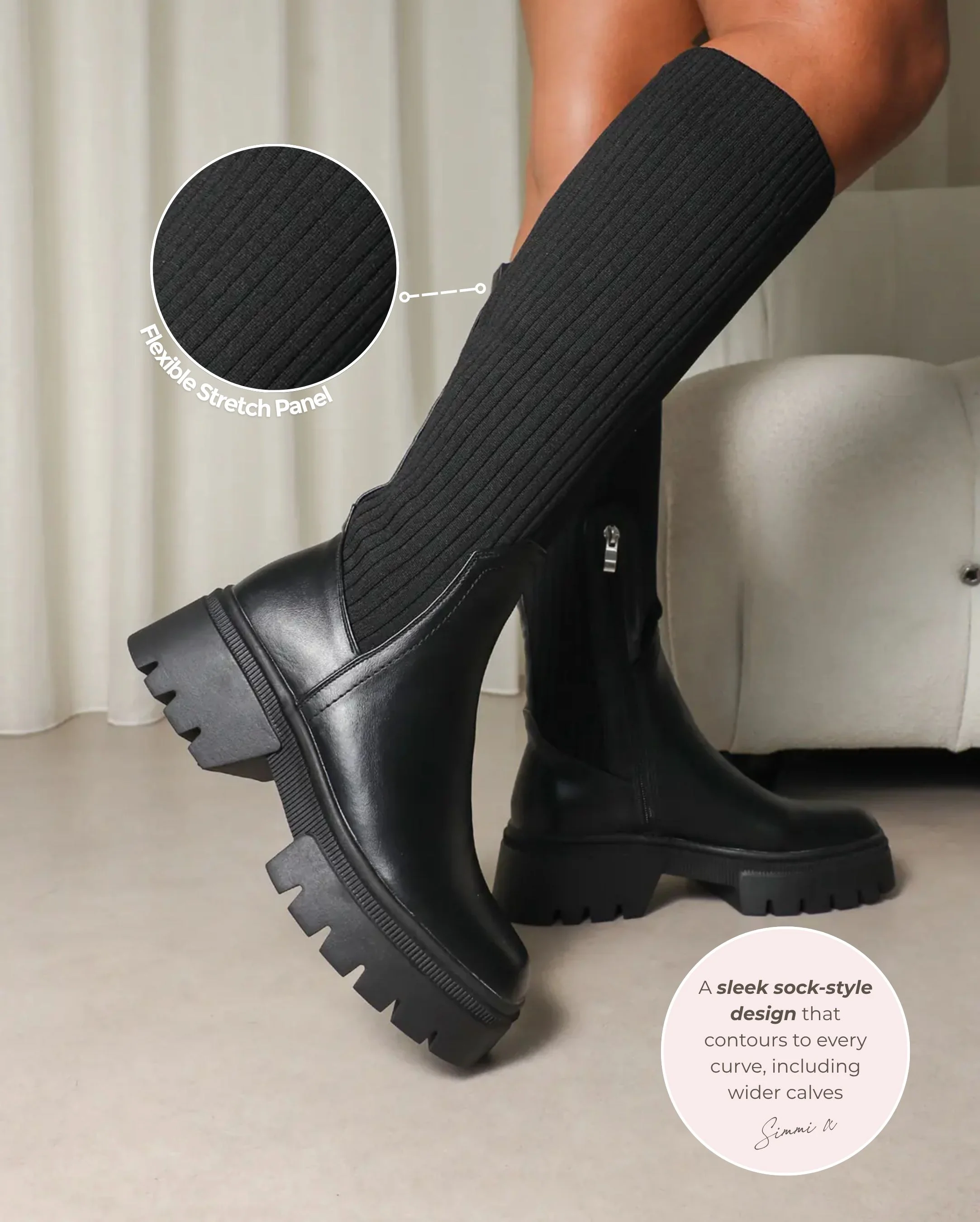 Kenneth Black Knit Knee High Chunky Boots - Image 2