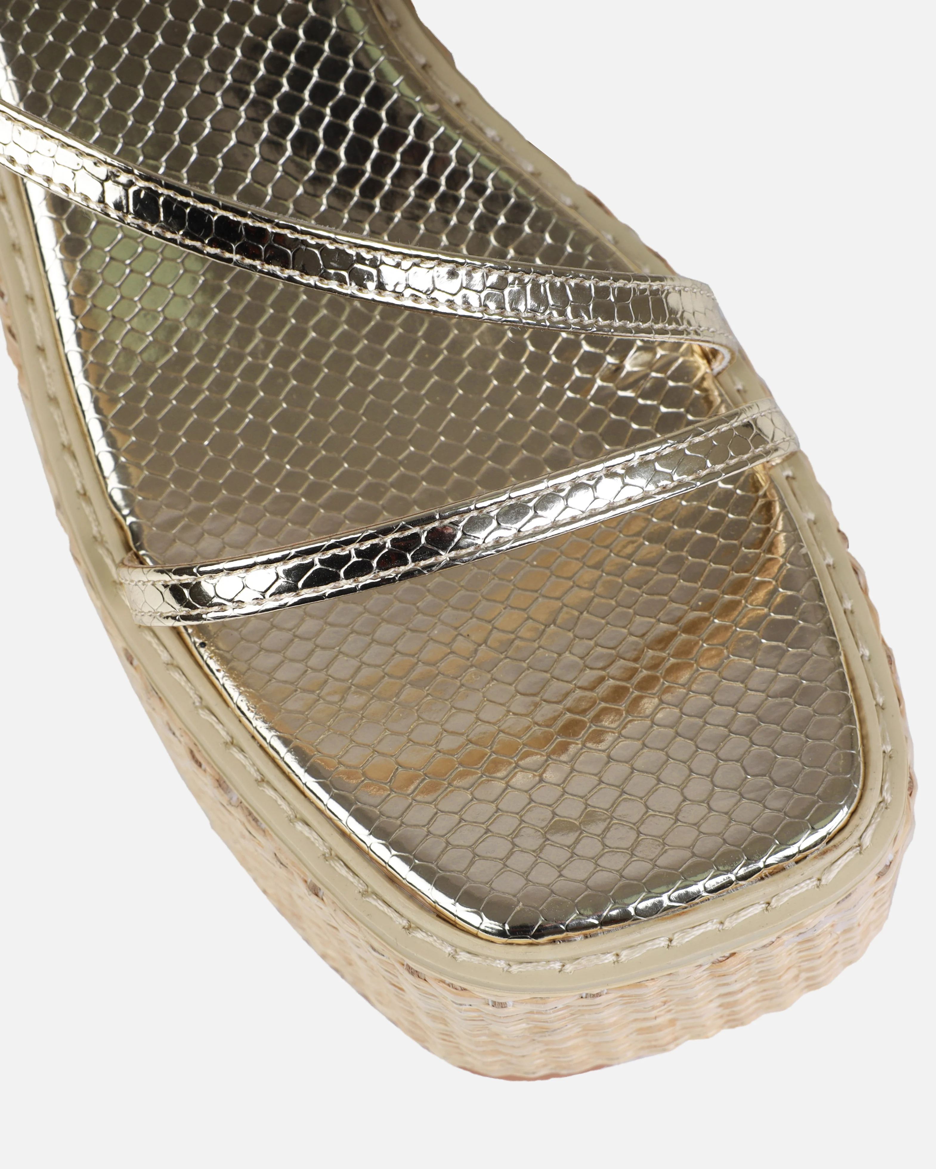 Kerensa Gold Faux Snake Print Strappy Espadrille Wedges - Image 4