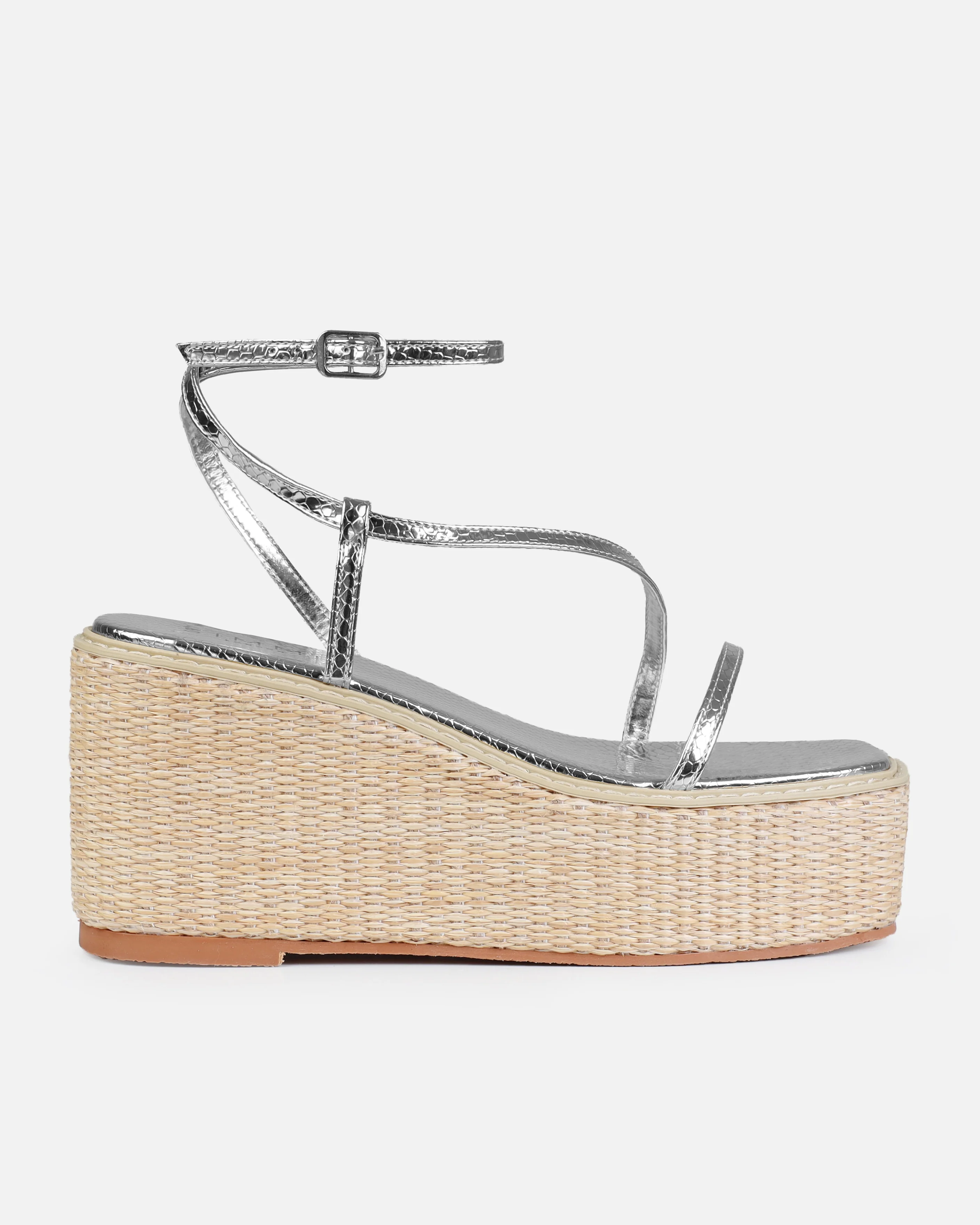 Kerensa Silver Faux Snake Print Strappy Espadrille Wedges - Image 2