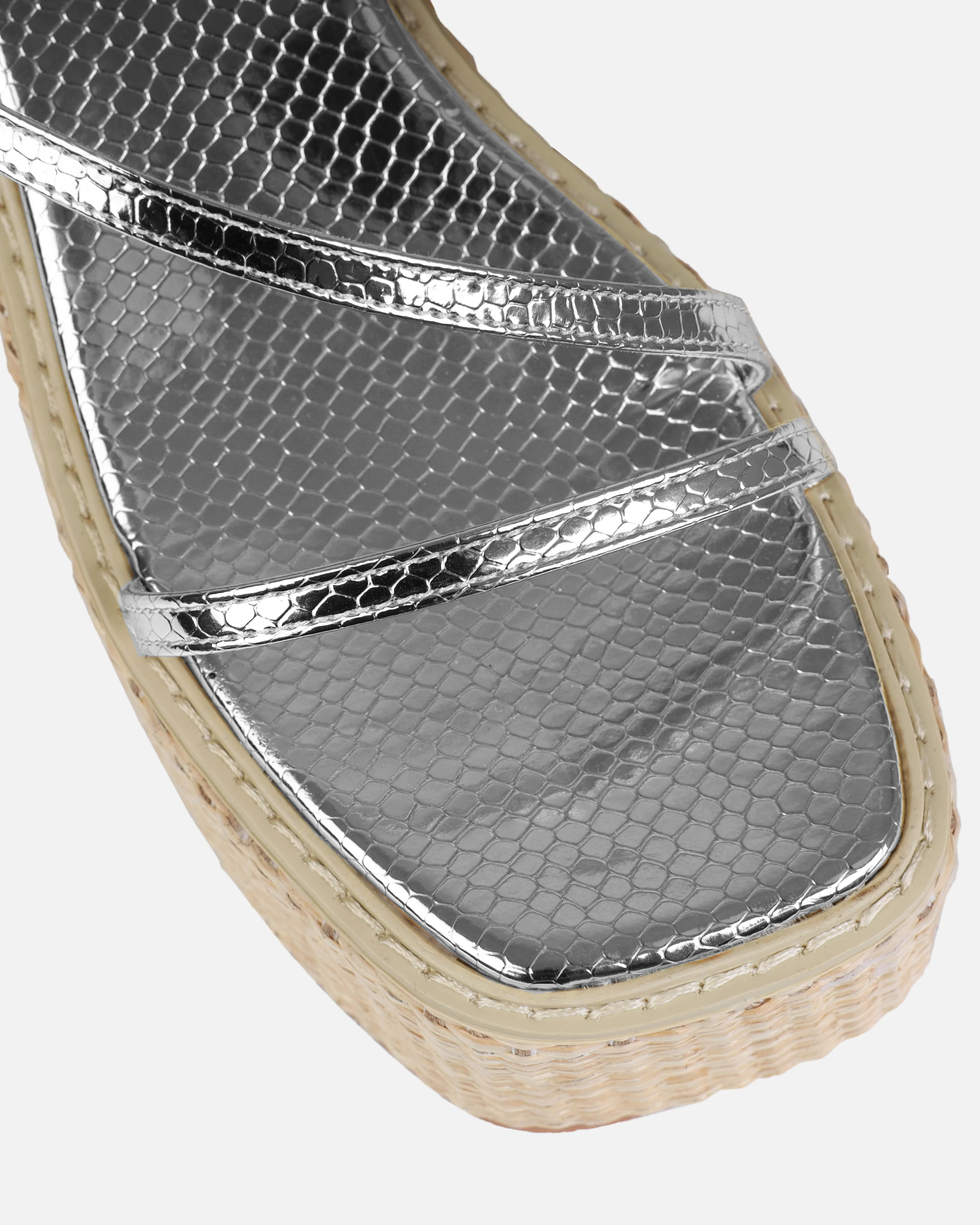 Kerensa Silver Faux Snake Print Strappy Espadrille Wedges - Image 4