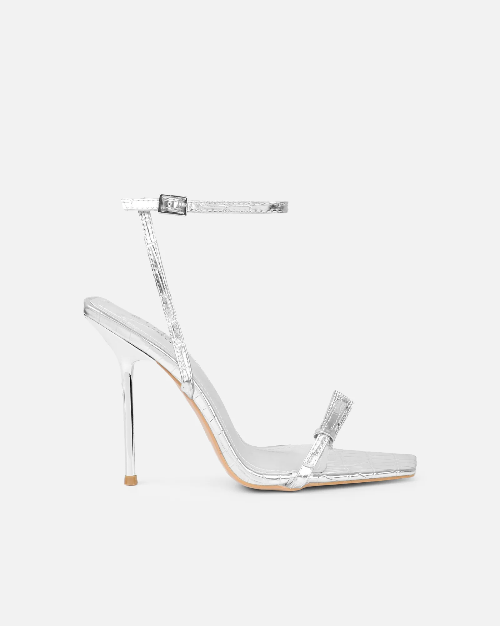 Kienna Silver Croc Effect Diamante Buckle Heeled Sandals - Image 2