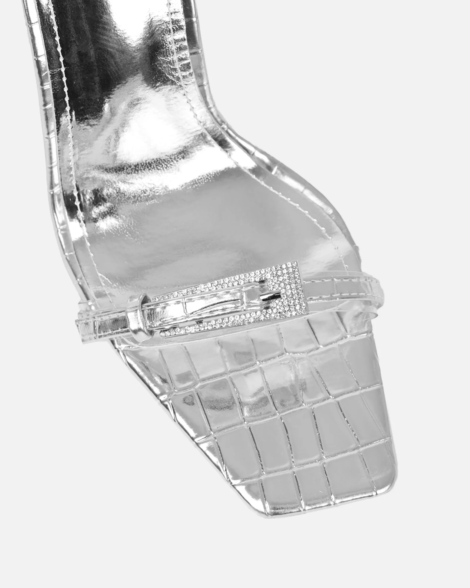 Kienna Silver Croc Effect Diamante Buckle Heeled Sandals - Image 4