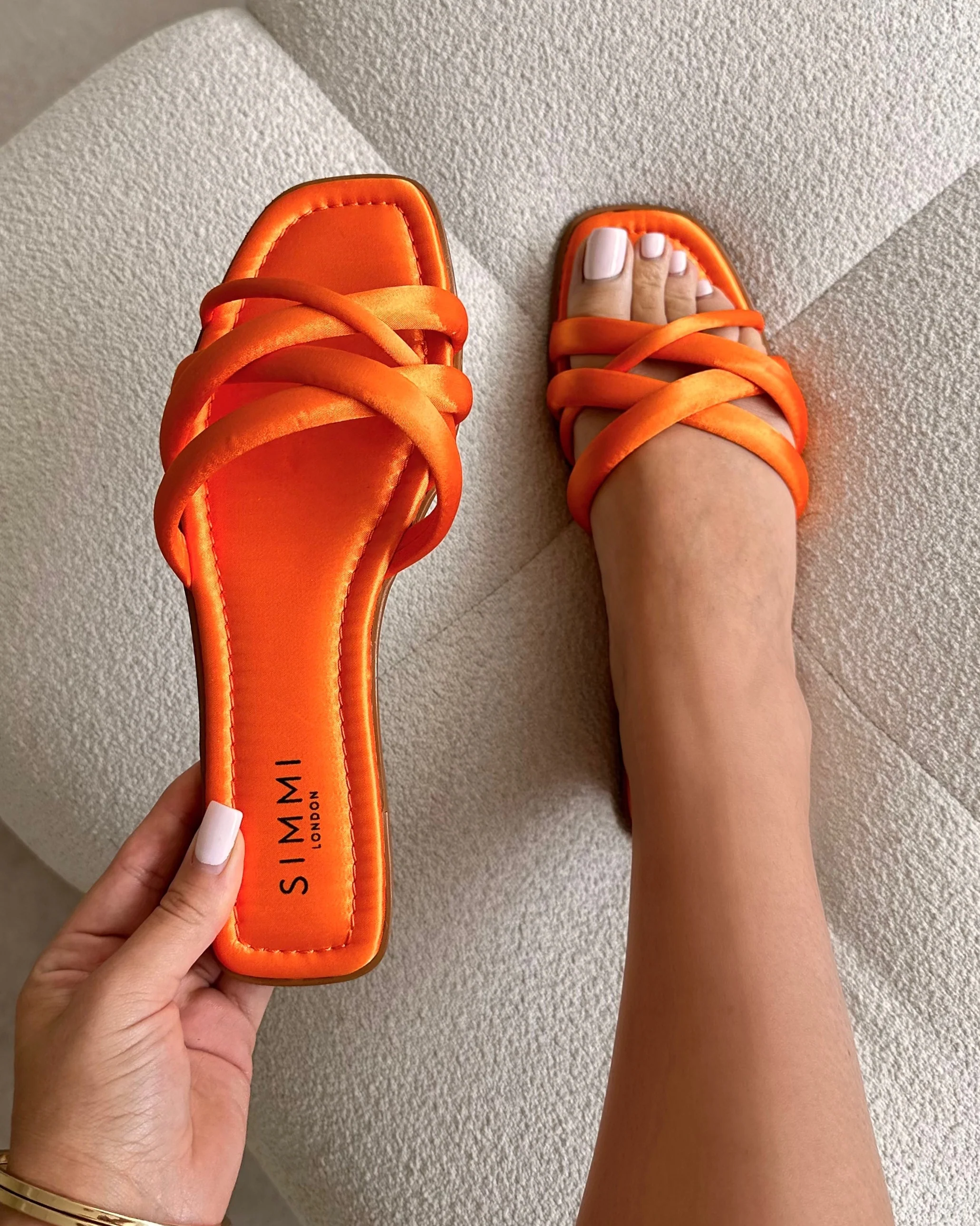Kina Orange Satin Padded Slip On Flat Sandals