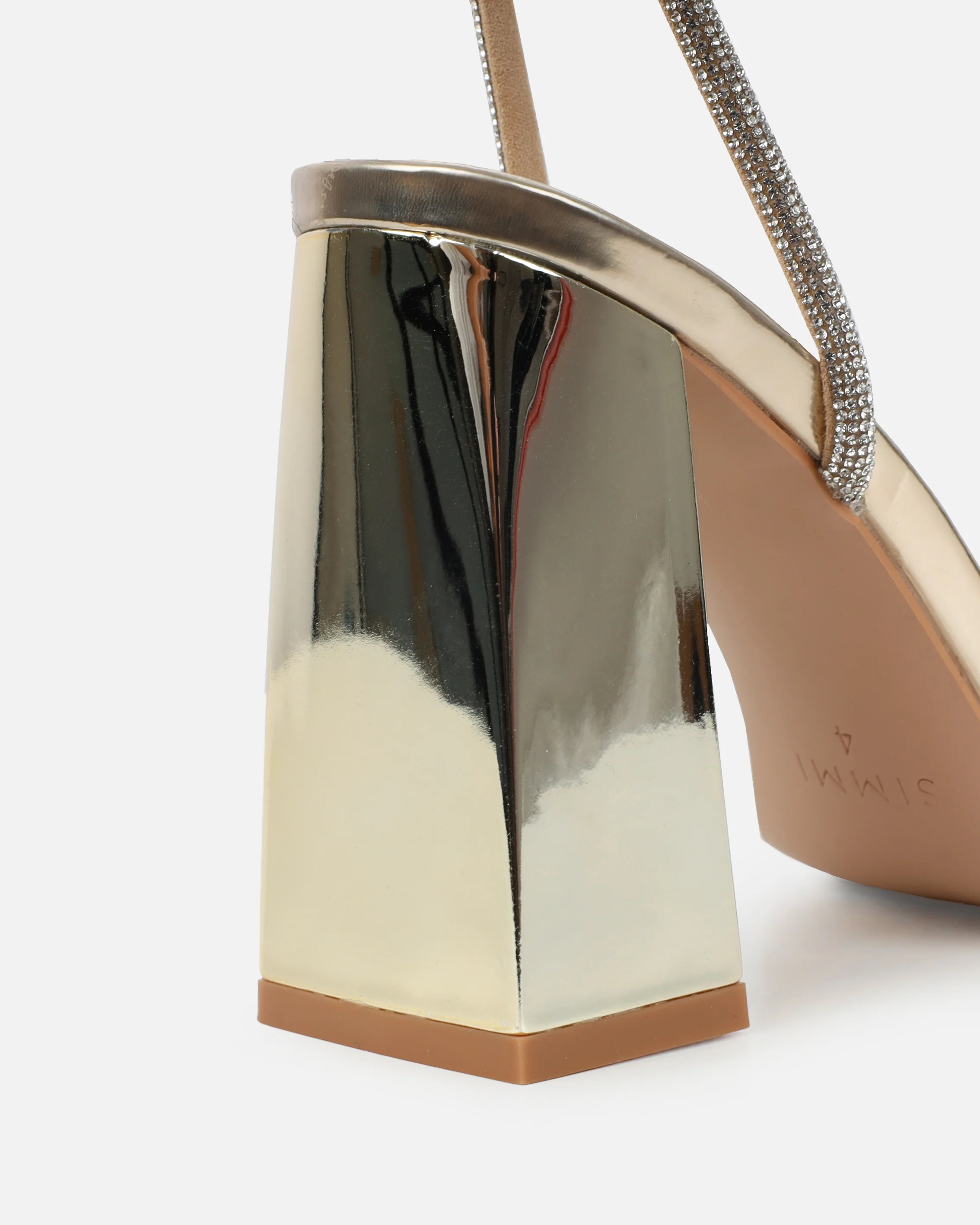 Kinsey Gold Mirror Diamante Block Heeled Sandals - Image 3