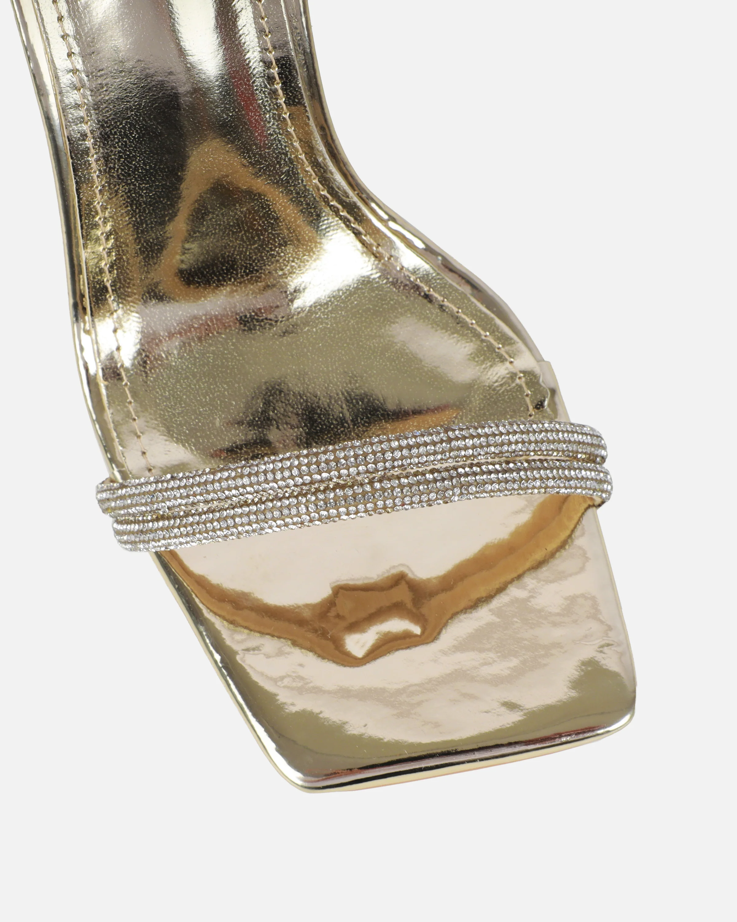 Kinsey Gold Mirror Diamante Block Heeled Sandals - Image 4