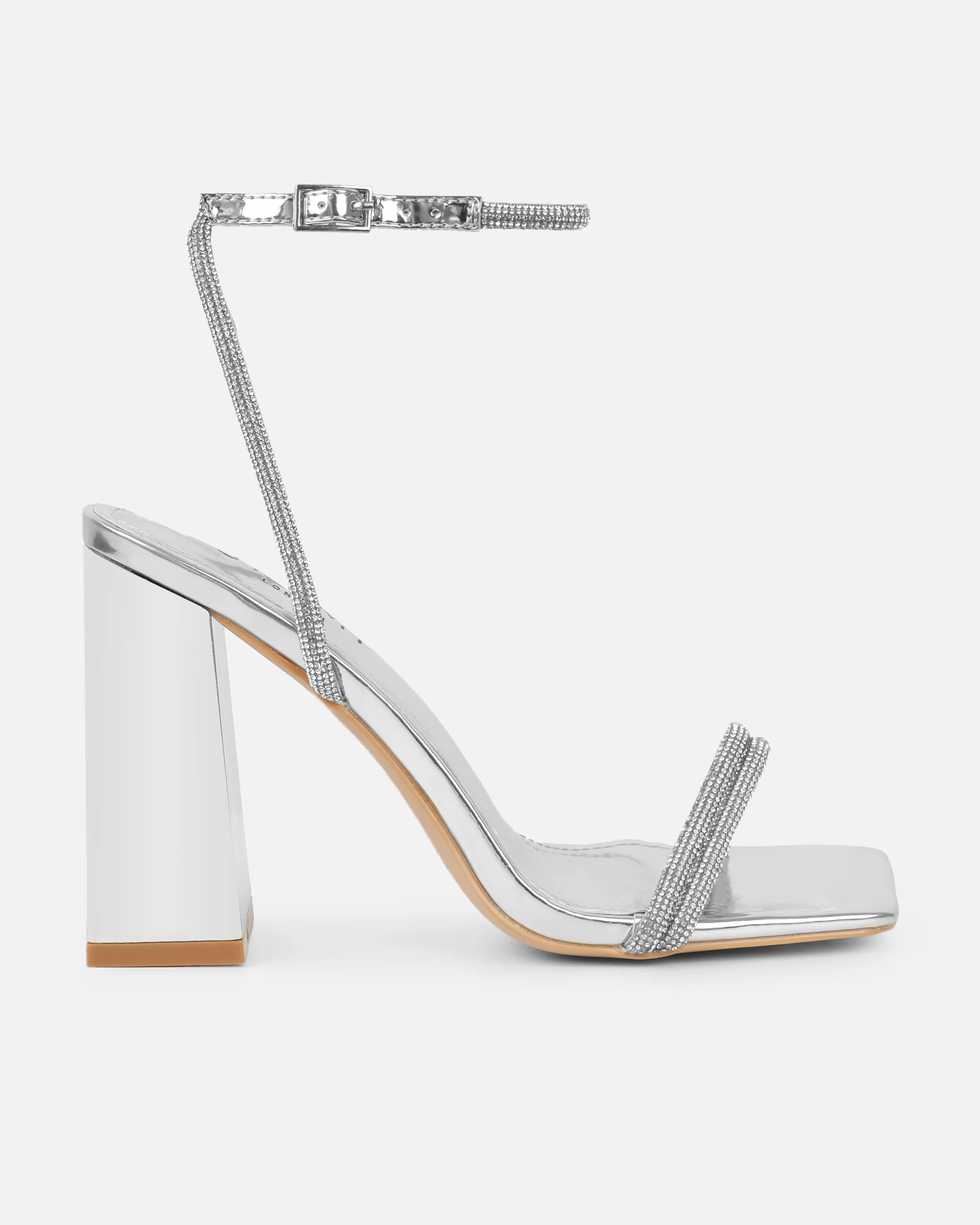 Kinsey Silver Mirror Diamante Block Heeled Sandals - Image 2