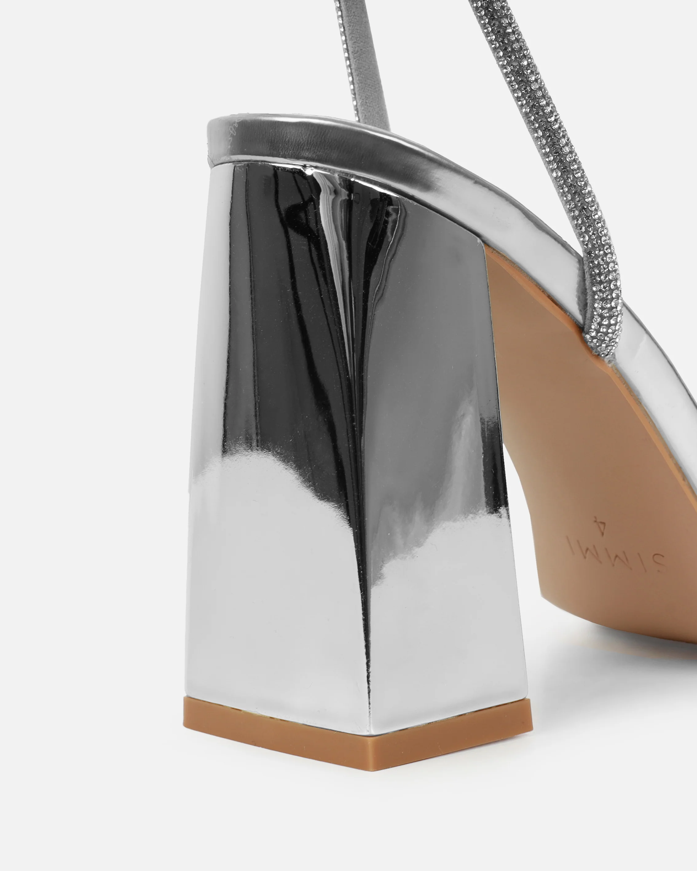 Kinsey Silver Mirror Diamante Block Heeled Sandals - Image 3