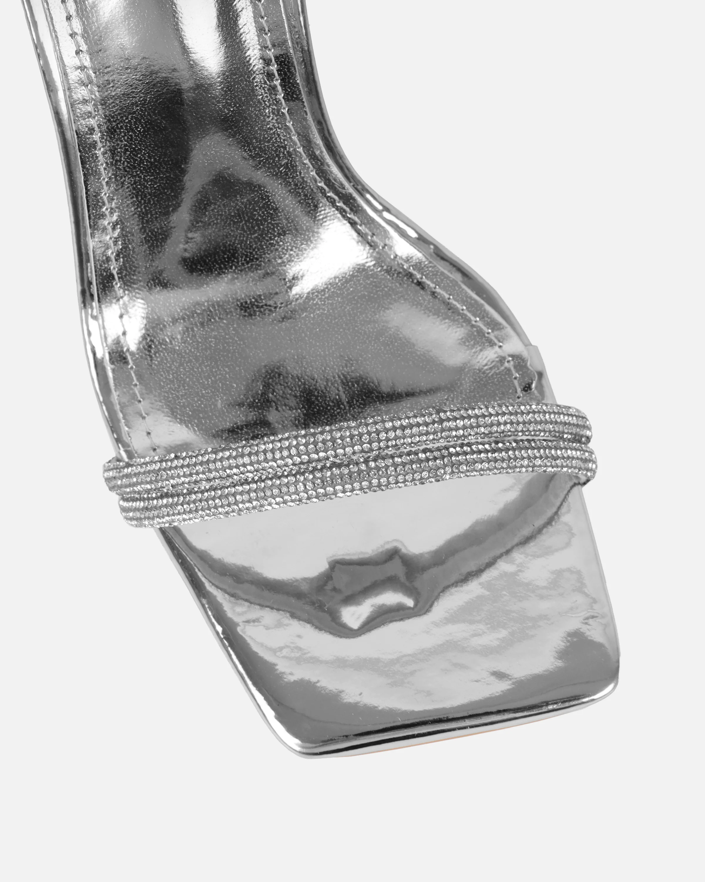 Kinsey Silver Mirror Diamante Block Heeled Sandals - Image 4