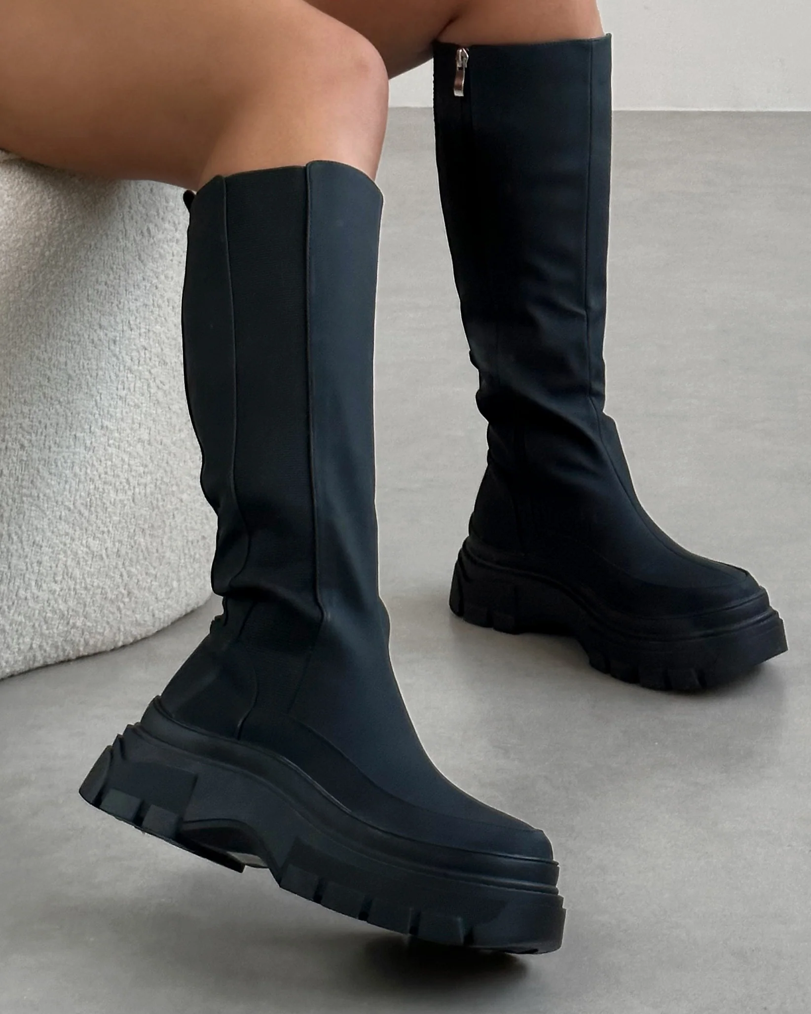 Kruse Black Rubberised Flat Chunky Knee High Boots