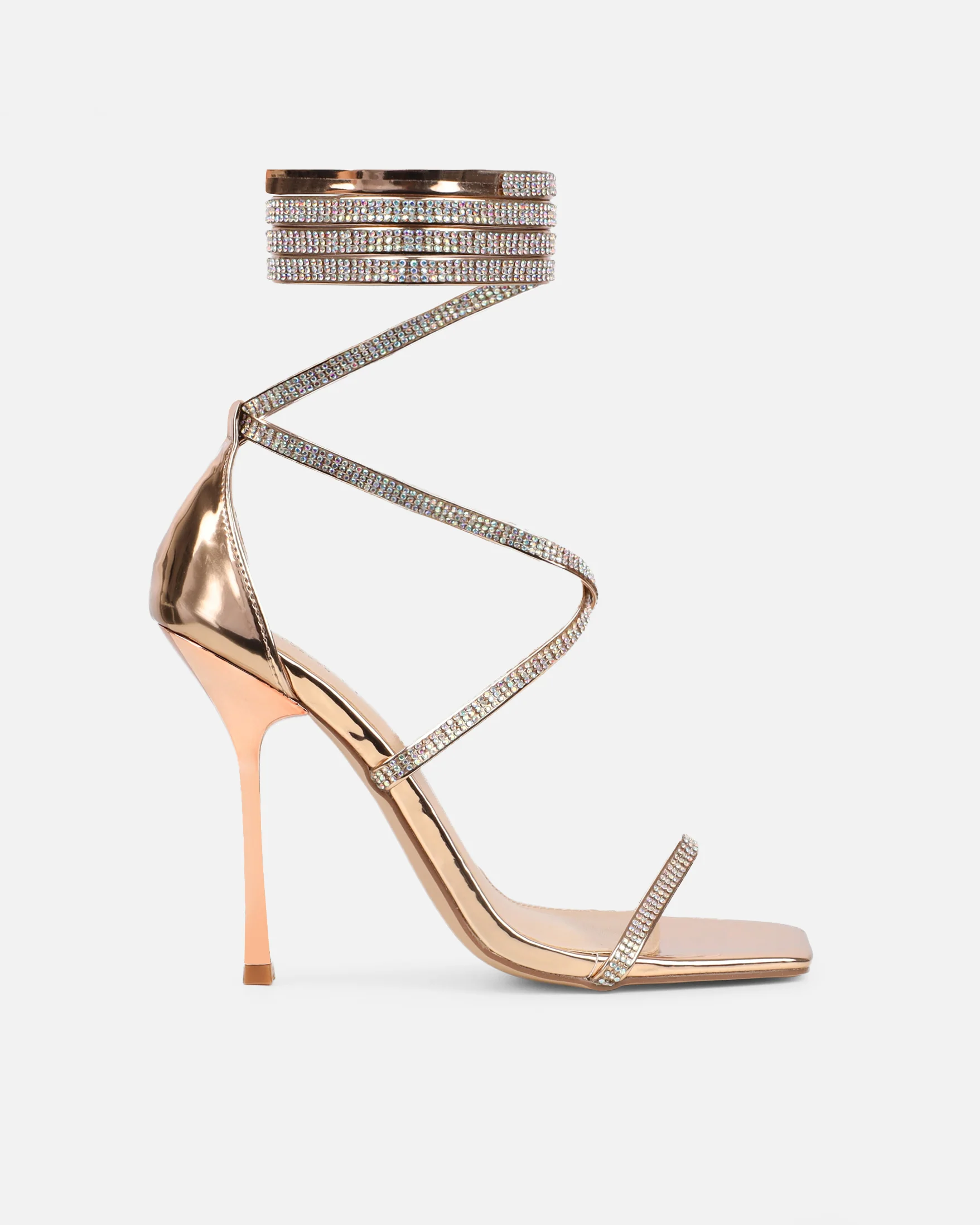 Laveen Rose Gold Mirror Diamante Tie Up Heeled Sandals - Image 2