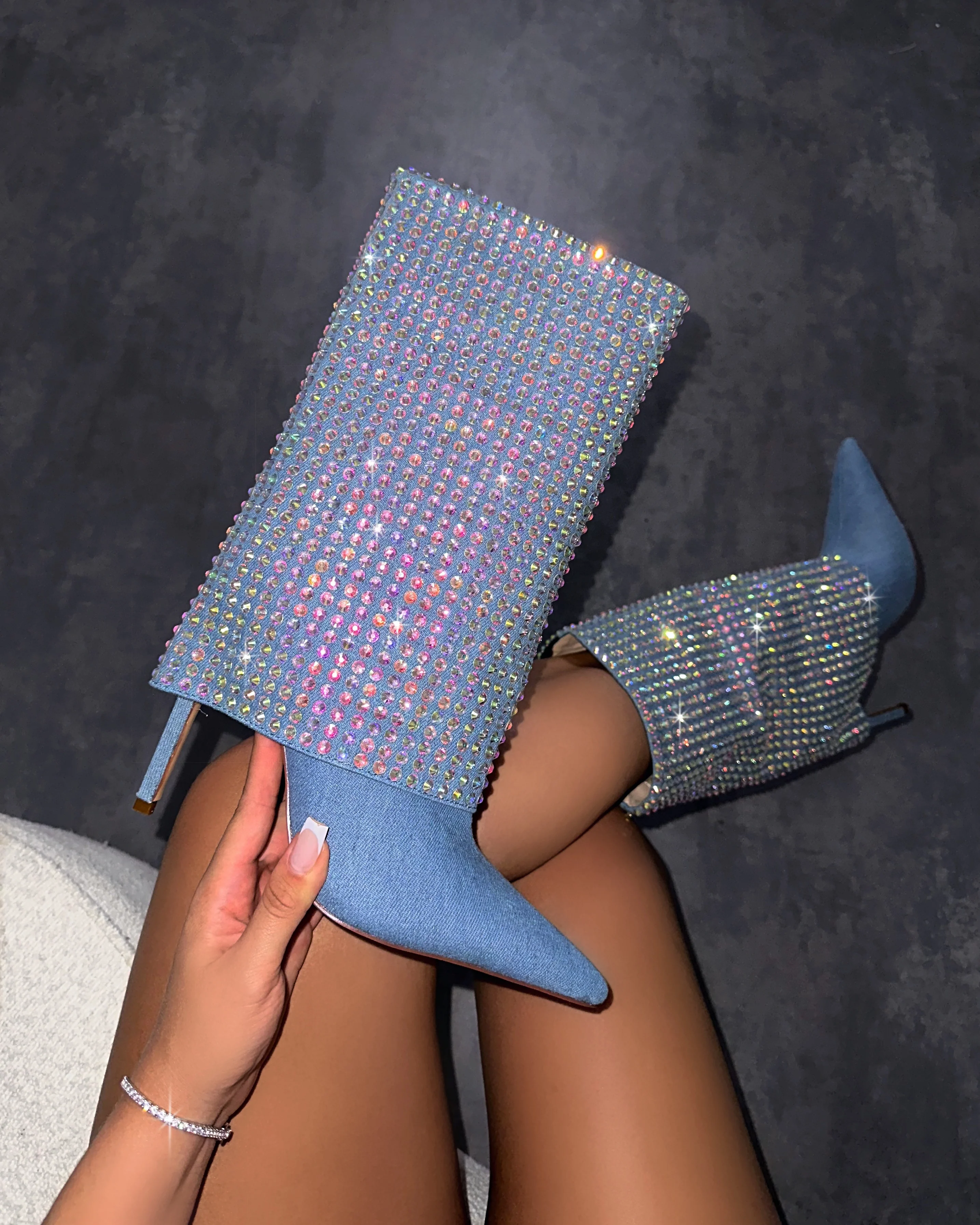 Lawler Blue Denim Diamante Fold Over Boots
