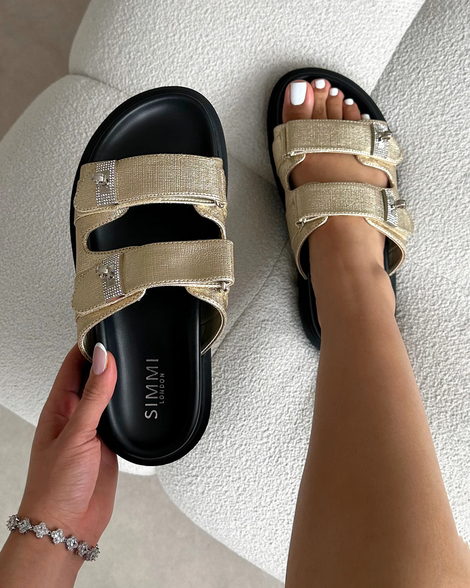 Liaa Gold Diamante Buckle Textured Slider Sandals