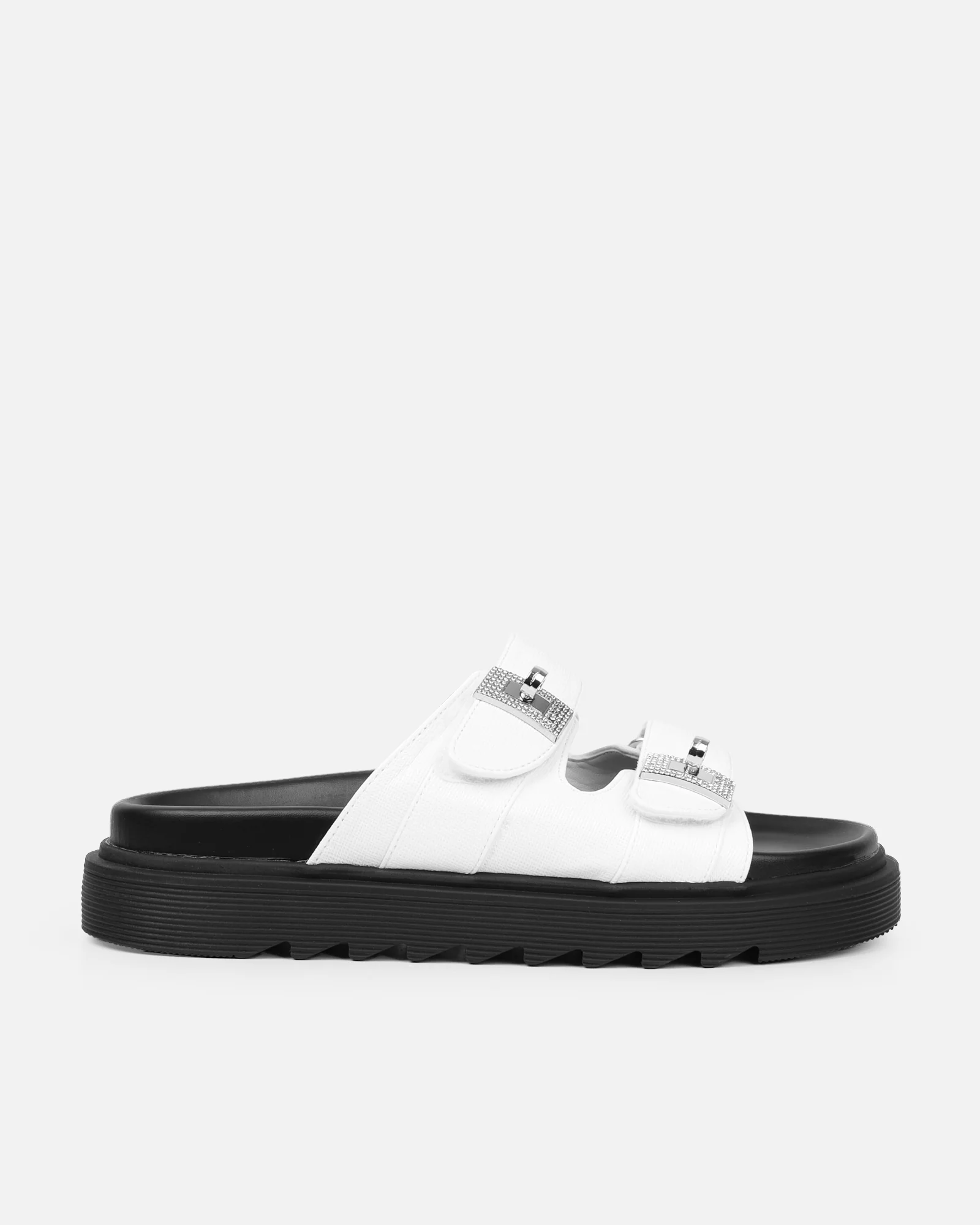 Liaa White Diamante Buckle Textured Slider Sandals - Image 2