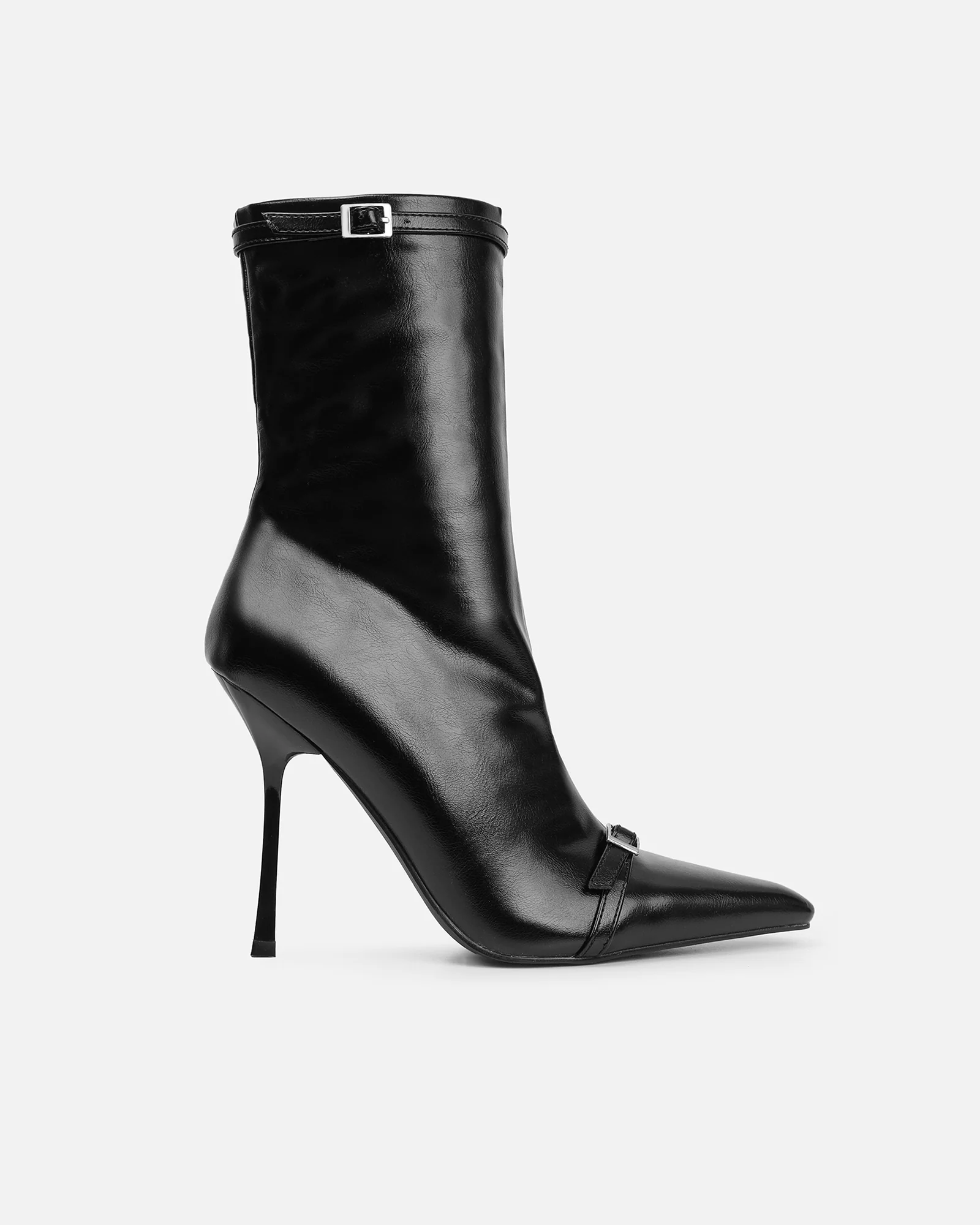 Liam Black Buckle Detail Smart Heeled Ankle Boots - Image 2