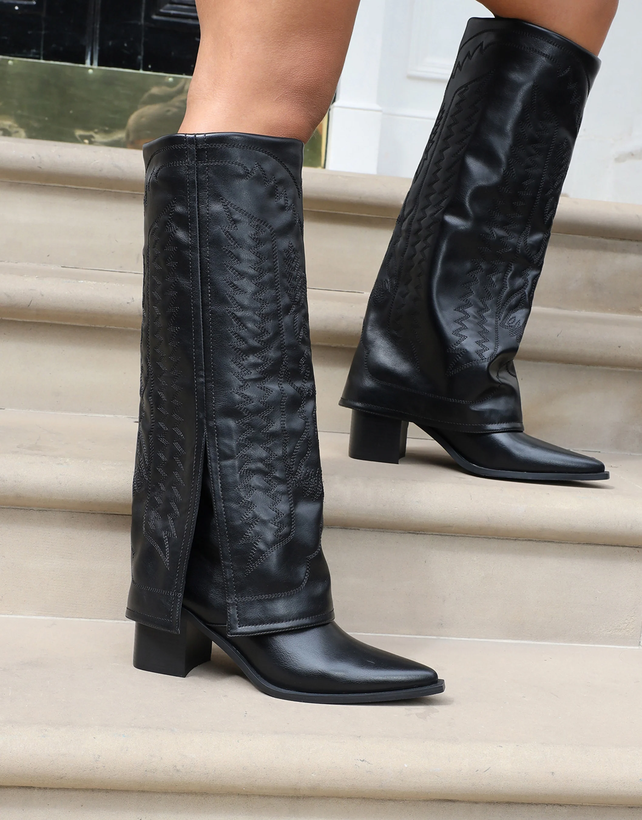 Liston Black Western Stitch Detail Heeled Boots